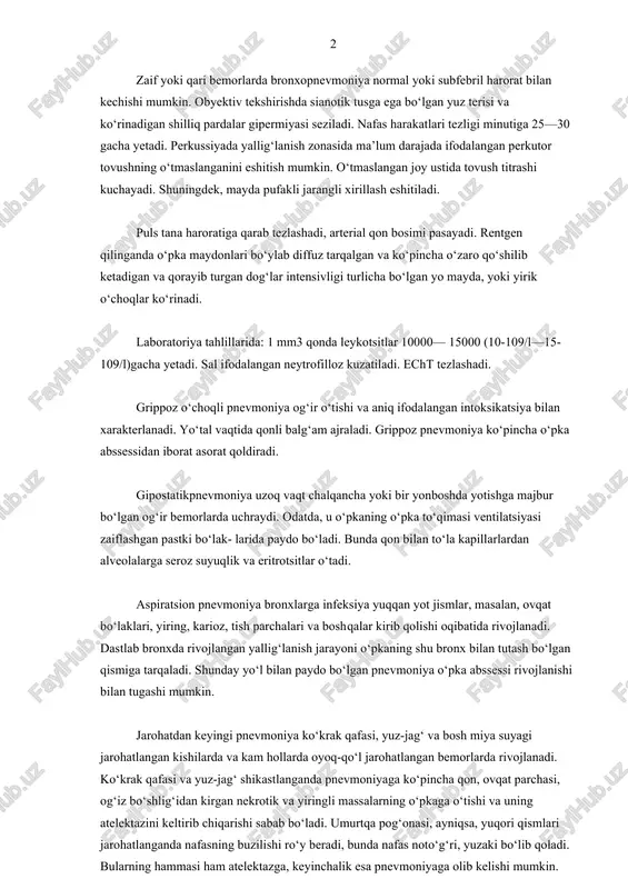 ir necha haftaga ham cho‘zilib ketadi. bunday bemorlarning shikoyati doimiy emas. ba’zan ular ko‘krak yoki ko‘rak ostidagi og‘riqdan, kamquvvatlik, bosh og‘rig‘i, nafas qisishi, balg‘amli yo‘taldan shikoyat qilishadi. tana harorati 38°c, ko‘pincha 39—40°c ga ko‘tariladi. haroratning egri chizig‘i remittatsiyalanuvchi yoki intermittatsiyalanuvchi isitmanikiga o‘xshaydi. agar bronxopnevmoniya isitmalash bilan o‘tayotgan kasallik bilan birga boshlansa, harorat egri chizig‘ining xarakteri va balandligi ham shunga qarab o‘zgaradi. zaif yoki qari bemorlarda bronxopnevmoniya normal yoki subfebril harorat bilan kechishi mumkin. obyektiv tekshirishda sianotik tusga ega bo‘lgan yuz terisi va ko‘rinadigan shilliq pardalar gipermiyasi seziladi. nafas harakatlari tezligi minutiga 25—30 gacha yetadi. perkussiyada yallig‘lanish zonasida ma’lum darajada ifodalangan perkutor tovushning o‘tmaslanganini eshitish mumkin. o‘tmaslangan joy ustida tovush titrashi kuchayadi. shuningdek, mayda pufakli jarangli xirillash eshitiladi. puls tana haroratiga qarab tezlashadi, arterial qon bosimi pasayadi. rentgen qilinganda o‘pka maydonlari bo‘ylab diffuz tarqalgan va ko‘pincha o‘zaro qo‘shilib ketadigan va qorayib turgan dog‘lar intensivligi turlicha bo‘lgan yo mayda, yoki yirik o‘choqlar …