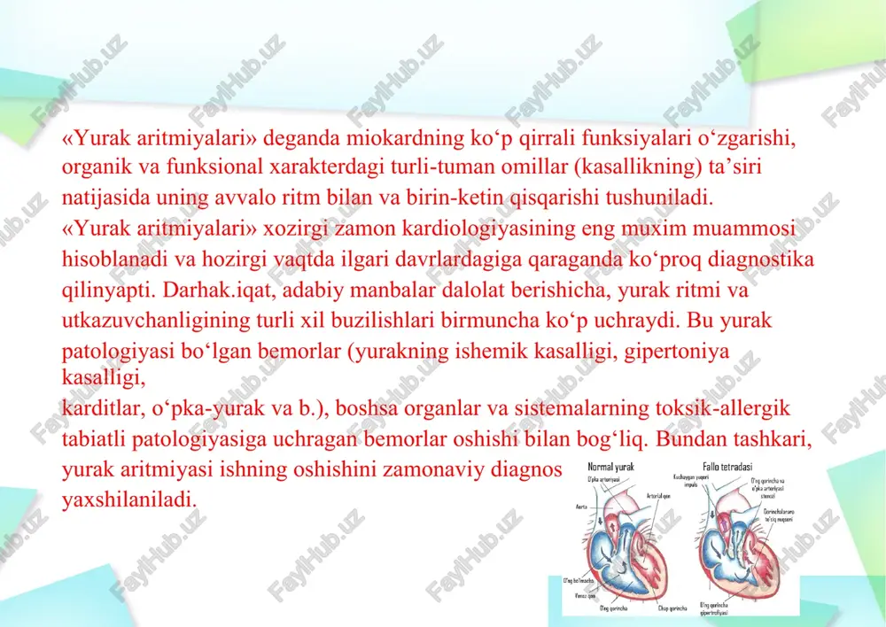 kasi va davolash prinsiplari ko‘zdan kechiriladi. subyektiv va obyektiv ma’lumotlarni o‘rganish asosida, aritmiya va uning etiologiyasi masalalariga doir uz nazariy bilimlariga tayanib, student quyidagi masalalarni hal kilipshi bilishi kerak: 1. aritmiyalar tabiatini va turlarini aniqlash; 2. sabab bo‘lgap omilni hisobga olgan holda tekshirishning asoslangai planini tuzish; 3 quyidagilarga asoslanib uzil-kesil va batafsil tekshirish planini tuzish: - aritmiyalar simptomatikasi va ekg ma’lumotlarini bilish; - asosiy kasalliklar o‘rtasida va yurakning turli funksiyalari buzilishi yoki aritmiyalarning turlariga bog‘liq holda differensial diagnostika o‘tkazishni bilish. 4. aritmiyalarning turli belgilari, miokard, organlar va sistemalar holatini hisobga olgan holda jarayonning asosiy sababchisini asoslangan davolash; natijasi, prognozi, asoratlari va boshqalarni aniqlash. etiologiyasi va patogenezi etiologik omillar g‘oyat turli-tuman: - yurak aritmiyalari paydo bo‘lyshida yurak-tomirlar sistemasining organik (toj tomirlar aterosklerozi, miokard infarkti umuman, ishemiya kasalligi, miokarditlar, tusha va orttirilgan yurak poroklari, revmokardit, har xil etiologiyali yurak zararlanishi, miokardiopatiyalar), funksional xarakterdagi (yurak nevrozi, neyrotsirkulyator distoniya va b.) kasalliklari birinchi urinda …