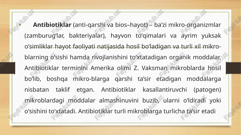 ljam, ich terlama, toshmali terlama, vabo, sil kabi turli yukumli kasalliklarni davolash va oddini olish uchun kuchli vositadir. ular ayniqsa nafas yoʻllari, me’da, ichak, siydik yoʻli va jinsiy a’zolar kasalliklarini davolashda yaxshi naf beradi. ba’zi antibiotiklar parranda, choʻchqa va buzoqlar oʻsishini tezlatish, ovqatning oʻzlashtirilishini orttirish maqsadida ularning asosiy ovqatiga qoʻshimcha qilib beriladi. antibiotiklar hujayraga tanlab tormozlovchi ta’sir koʻrsatganidan biokimyoviy jarayonlarning ayrim bosqichlarini, hujayra oʻsishini ta’minlaydigan dnk, rnk, oqsillar va hujayra devori sintezi hamda funksiyasi orasidagi munosabatlarni aniqlashda muhim ahamiyatga ega. ulardan oziq-ovqat sanoatida (konservalash) ham keng foydalaniladi.qishloq xoʻjaligida – oʻsimliklarni zamburugʻli va bakterial kasalliklardan himoya qilish uchun ishlatiladi (qarang mikrobiologik himoya usuli). kasallik qoʻzgʻatuvchilarga ta’sir qilish tarziga qarab antibiotiklar bevosita ta’sir etuvchi antibiotiklar; kasallik qoʻzgʻatuvchilar ajratgan toksinlarni neytrallovchi antibiotiklar; xoʻjayin oʻsimlikka ta’sir etuvchi antibiotiklar; oʻsimlik tanasida yuqori faol moddalarga aylanadigan va oʻsimliklarning kasalliklarga chidamliligini oshiradigan (bilvosita ta’sirga ega) antibiotiklarga boʻlinadi. streptomitsin, terramitsin, digidrostreptomisin, grizeofulvin (grizovin), anizomitsin, omfoterpsin, filitsin va boshqa …