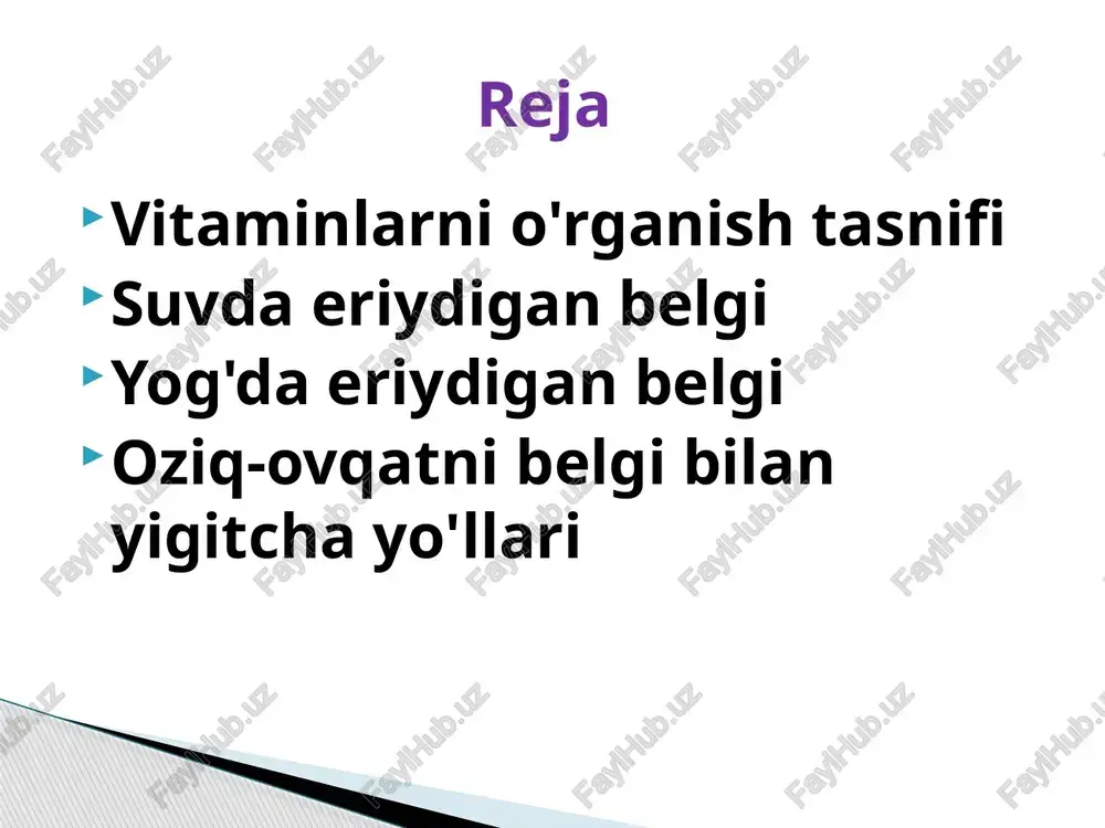 un zararli liyati uchun zarur birikmalar sintezida va energiya ho s il bulishida katnashadi. u huzhara va huzhayrailmalarining butunligi va faoliyati uchun zarur bulib, barcha azo va tizimlar, immune system markasiy. va perefirik azolarining barkaror saklashni taminlaidi. vitamin a oksillarning oshkozon-ichak yulida surilishiga, tashilishiga, alohida fraksiyalarining kondagi mikdoriga va oksil almash va nuvining ohirgi mahsulot- lari chikarilishiga tasir kiladi. haivonlardan olingan ozukalarda kuprok retinil palmitat va retinol-asetat bulsa, usimlik mahsulotlarida esa a provitaminlar (karotinsimonlar, asosan faol karotin) b o'ladi . vitamin a ga eng boy mahsulot tukhum, sariyog, kaimok, hayvon va balik jigari, sabzi, shaftoli, to xammato boshka meva va sinovdan iborat. avitaminoz a ning daslabki kurinishlaridan biri kortikosteroid garmonlar sintezining kamaishi bilan. boradigan orqa usti bezlarining atrophiyasi hamda kalkonsimon va zhinsiy bezlar ishlashi hisoblanadi. vitamini ( kaltsiferol). vitamin d - anti-raxit faolikka ega steroidlar guruhi bulib, ulardan eng muhimlari vitamin d 2 (ergocalciferol) va vitamin d 3 (cholicalciferol) lardir. …