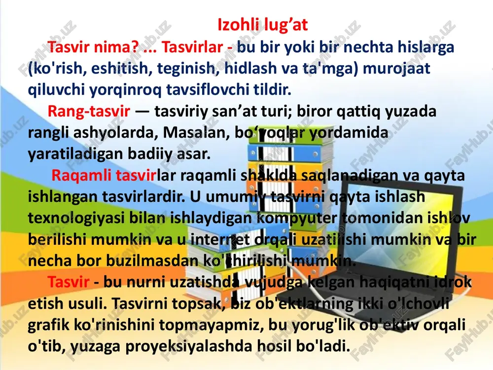 irib kelgan bo‘lib, lotin tilidagi rastrum - xaskash, omoch so‘zidan olingan. monitor ekranida tasvir televizor ekranidagi kabi yaratiladi. rastrli grafika vektorli grafika rastrli tasvirlar skanerlar, raqamli fotoapparatlar, shu jumladan, telefonning fotokameralarida yaratiladi. skaner raqamli fotoapparat rastrli tasvirning o‘lchami deganda undagi ustunlar va satrlar soni tushuniladi. masalan, 3200x2400 o‘lchamli tasvirda 7 million 680 mingta, 1920x1080 o‘lchamlisida 2 million 73 ming 600 ta piksel bor. rastrlar zichligi deganda uzunlik birligiga mos keladigan piksellar soni tushuniladi va dpi (dot sper inch - bir dyuymdagi nuqtalar) da o‘lchanadi. tasvirlarni oddiy grafik shakllar yordamida yaratish vektor grafikasining asosini tashkil etadi. vektor grafikasida tasvir oddiy shakllarning yig‘indisi ko'rinishi ifodalanadi, saqlanadi va tasvirlanadi. vektor grafikasidan chizmalar, animatsiyalar yaratishda keng foydalaniladi. operatsion tizimdagi shriftlar vektor grafikasi asosida yaratilgan va ularning yuqori sifati barcha tomonidan e’tirof etilgan fraktal so‘zi lotincha fractus so'zidan olingan bo’lib, maydalangan, bo’lib chiqilgan degan ma’noni bildiradi. fraktallar deb o‘ziga o‘xshash qismlardan iborat bo’lgan geometrik shakllarga …