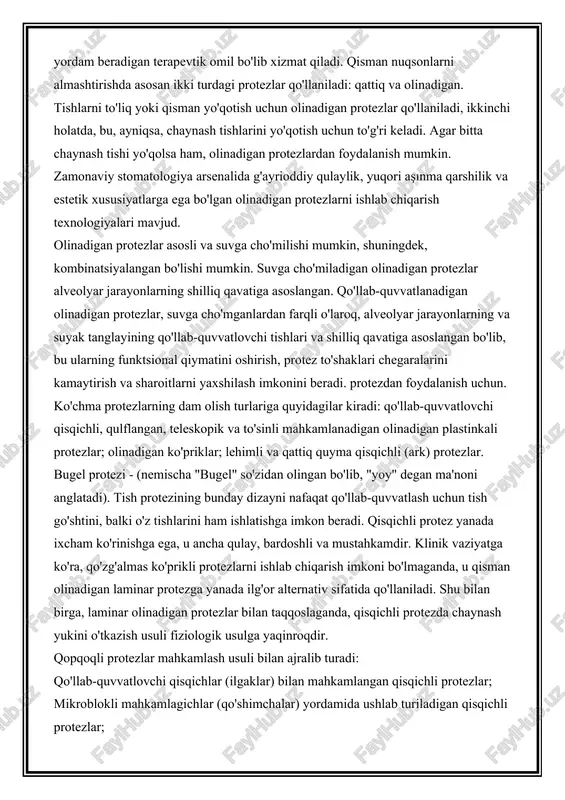 iladi: qattiq va olinadigan. tishlarni to'liq yoki qisman yo'qotish uchun olinadigan protezlar qo'llaniladi, ikkinchi holatda, bu, ayniqsa, chaynash tishlarini yo'qotish uchun to'g'ri keladi. agar bitta chaynash tishi yo'qolsa ham, olinadigan protezlardan foydalanish mumkin. zamonaviy stomatologiya arsenalida g'ayrioddiy qulaylik, yuqori aşınma qarshilik va estetik xususiyatlarga ega bo'lgan olinadigan protezlarni ishlab chiqarish texnologiyalari mavjud. olinadigan protezlar asosli va suvga cho'milishi mumkin, shuningdek, kombinatsiyalangan bo'lishi mumkin. suvga cho'miladigan olinadigan protezlar alveolyar jarayonlarning shilliq qavatiga asoslangan. qo'llab-quvvatlanadigan olinadigan protezlar, suvga cho'mganlardan farqli o'laroq, alveolyar jarayonlarning va suyak tanglayining qo'llab-quvvatlovchi tishlari va shilliq qavatiga asoslangan bo'lib, bu ularning funktsional qiymatini oshirish, protez to'shaklari chegaralarini kamaytirish va sharoitlarni yaxshilash imkonini beradi. protezdan foydalanish uchun. ko'chma protezlarning dam olish turlariga quyidagilar kiradi: qo'llab-quvvatlovchi qisqichli, qulflangan, teleskopik va to'sinli mahkamlanadigan olinadigan plastinkali protezlar; olinadigan ko'priklar; lehimli va qattiq quyma qisqichli (ark) protezlar. bugel protezi - (nemischa "bugel" so'zidan olingan bo'lib, "yoy" degan ma'noni anglatadi). tish protezining bunday dizayni …