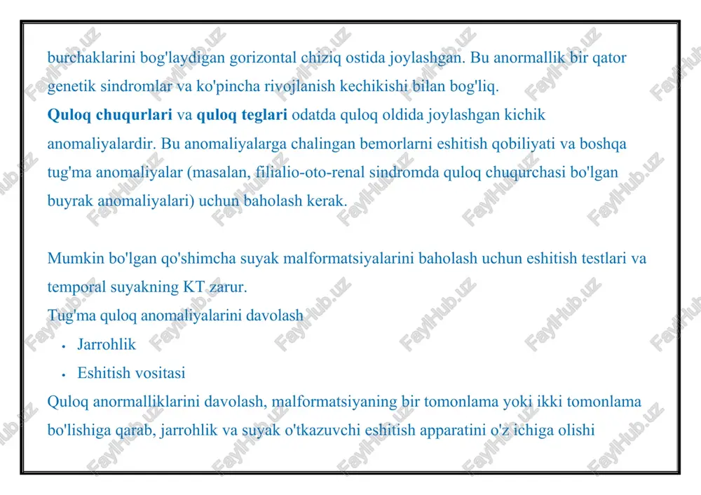 rat: · tashqi – bu yalang'och ko'z bilan ko'rinadigan qismni o'z ichiga oladi (aurikula va tashqi eshitish kanali). · o'rta-timpanik bo'shliq va tashqi quloqdan ichki quloqqa havo tebranishlarini uzatuvchi uchta eshitish suyagi. o'rta quloq yalang'och ko'zdan yashiringan. · ichki-vaqtinchalik suyakda joylashgan. bu membranali labirintdan iborat eng qiyin qism. deformatsiyalar har qanday bo'limda paydo bo'lishi mumkin. ko'pgina anomaliyalar tashqi va o'rta bo'limlarda rivojlanadi. 10.000 aholiga tashqi va o'rta quloqning tug'ma anomaliyalarining ikki yoki uchta holati to'g'ri keladi, bu esa eshitish qobiliyatini yo'qotishiga olib keladi. eshitish qobiliyatini yo'qotish uch xil · supero'tkazuvchilar-aurikulaning tuzilishi buzilganligi sababli hatto kuchli tovush ham o'tmaydi; · sensorinevral-nerv uchlari bilan bog'liq muammolar tufayli tovush yo'qolmaydi; · aralash. eshitish qobiliyatini yo'qotishiga olib keladigan malformatsiyalar: · mikrotiya - tashqi quloq shakli o'zgaradi; · lavabo butunlay yo'q bo'lganda anotiya shaklida quloq rivojlanishidagi anomaliyalar; · qobiqlarning chiqishi – odatda, chiqish burchagi 30 daraja bo'lishi kerak; · qobiq qo'shimchalari-qobiq oldida teri-xaftaga tushadigan shakllanishlar …