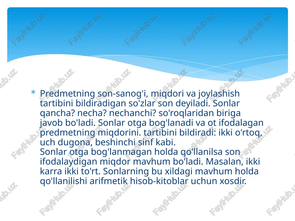 2 usul bilan: sanoq songa tacha, lab, larcha affikslaridan birini qoʻshish (oʻntacha, oʻnlab, oʻnlarcha) va turli sonlarni juftlash yoki ayrim soʻzlar bilan birga qoʻllash [birikki kun, oʻnoʻn ikki yashar bola, besh oylar chamasi avval, oʻttizga yaqin (qariyb oʻttizta) uy buzildi] orqali hosil qilinadi. tartib sonlar — natural sonlarning boshkacha nomi. natural, yaʼni butun musbat son chekli toʻplamdagi elementlar sonini yoki tartiblangan ketma-ketlikda element oʻrnini belgilashi mumkin. birinchi holda natural son miqdoriy son, ikkinchi xolda esa tartib son boʻladi. cheksiz toʻplamlar uchun tartib sonlarni umumlashtiruvchi transfinit son tushunchasi kiritiladi. tuzilishiga kura, sonlar 4 turga boʻlinadi: sodda son — birgina soʻzdan ifodalanadi: bir, oʻn, ellik, ming; murakkab son — ikki yoki undan ortiq oʻzakning birikuvidan hosil boʻladi: oʻn ikki, qirq besh, bir yuz ellik olti, ikki ming toʻrtinchi; juft son — birdan ortiq sonning nisbiy teng bogʻlanishi asosida tashkil topadi va taxminan miqdorni bildiradi: besholti kishi, oʻnoʻn besh kun, ellikoltmish xonadon; takroriy …