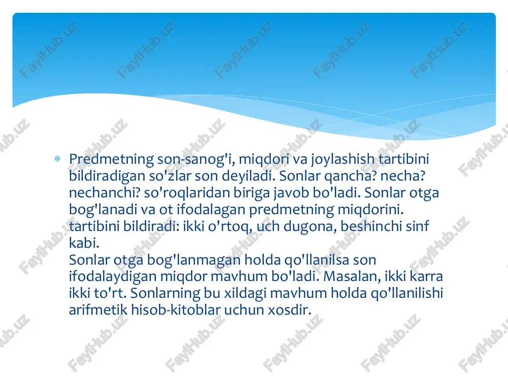 sh bilan hosil qilinadi (beshta kitob, qirkta daftar). predmetlarni donalab koʻrsatishda sonlar juft, metr, nusxa, nafar, bosh, tup kabi hisob (numerativ) soʻzlar bilan birga qoʻllanadi: bir juft qoʻshiq, ikki metr atlas, besh tup oʻrik va boshqa chama son predmetning noaniq miqdorini, taxminan hisobini koʻrsatadi. miqdor sonning bu turi 2 usul bilan: sanoq songa tacha, lab, larcha affikslaridan birini qoʻshish (oʻntacha, oʻnlab, oʻnlarcha) va turli sonlarni juftlash yoki ayrim soʻzlar bilan birga qoʻllash [birikki kun, oʻnoʻn ikki yashar bola, besh oylar chamasi avval, oʻttizga yaqin (qariyb oʻttizta) uy buzildi] orqali hosil qilinadi. https://uz.wikipedia.org/wiki/o%ca%bbzbek_tili https://uz.wikipedia.org/wiki/o%ca%bbzbek_tili https://uz.wikipedia.org/wiki/o%ca%bbzbek_tili https://uz.wikipedia.org/wiki/o%ca%bbzbek_tili https://uz.wikipedia.org/wiki/o%ca%bbzbek_tili  tartib sonlar — natural sonlarning boshkacha nomi. natural, yaʼni butun musbat son chekli toʻplamdagi elementlar sonini yoki tartiblangan ketma-ketlikda element oʻrnini belgilashi mumkin. birinchi holda natural son miqdoriy son, ikkinchi xolda esa tartib son boʻladi. cheksiz toʻplamlar uchun tartib sonlarni umumlashtiruvchi transfinit son tushunchasi kiritiladi.  tuzilishiga kura, sonlar 4 turga boʻlinadi: sodda …