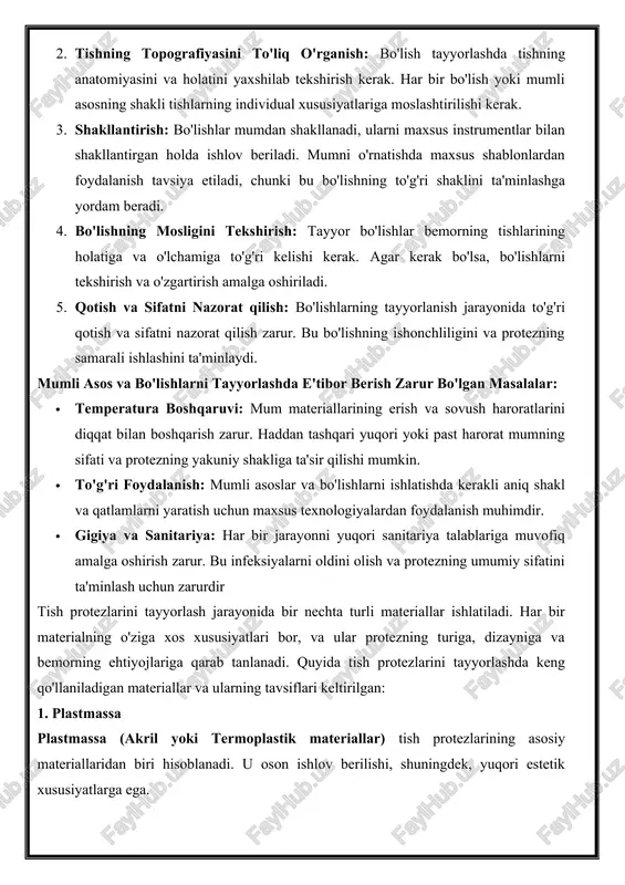 lariga moslashtirilishi kerak. 3. shakllantirish: bo'lishlar mumdan shakllanadi, ularni maxsus instrumentlar bilan shakllantirgan holda ishlov beriladi. mumni o'rnatishda maxsus shablonlardan foydalanish tavsiya etiladi, chunki bu bo'lishning to'g'ri shaklini ta'minlashga yordam beradi. 4. bo'lishning mosligini tekshirish: tayyor bo'lishlar bemorning tishlarining holatiga va o'lchamiga to'g'ri kelishi kerak. agar kerak bo'lsa, bo'lishlarni tekshirish va o'zgartirish amalga oshiriladi. 5. qotish va sifatni nazorat qilish: bo'lishlarning tayyorlanish jarayonida to'g'ri qotish va sifatni nazorat qilish zarur. bu bo'lishning ishonchliligini va protezning samarali ishlashini ta'minlaydi. mumli asos va bo'lishlarni tayyorlashda e'tibor berish zarur bo'lgan masalalar: · temperatura boshqaruvi: mum materiallarining erish va sovush haroratlarini diqqat bilan boshqarish zarur. haddan tashqari yuqori yoki past harorat mumning sifati va protezning yakuniy shakliga ta'sir qilishi mumkin. · to'g'ri foydalanish: mumli asoslar va bo'lishlarni ishlatishda kerakli aniq shakl va qatlamlarni yaratish uchun maxsus texnologiyalardan foydalanish muhimdir. · gigiya va sanitariya: har bir jarayonni yuqori sanitariya talablariga muvofiq amalga oshirish zarur. bu …