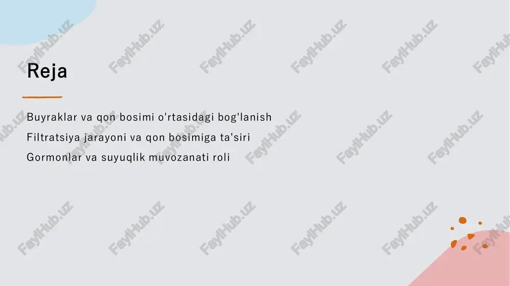 iotensin tizimi orqali qon tomirlarini toraytiradi. 4 suyuqlik muvozanati buyraklar suyuqlik muvozanatini saqlashda muhim rol o'ynaydi, bu esa qon bosimini barqarorlashtirishga yordam beradi va giper- yoki gipotoniyadan saqlaydi. buyrak kasalliklari va qon bosimining o'zaro bog'liqligi. 1 buyrak kasalliklari buyrak kasalliklari, masalan, surunkali buyrak yetishmovchiligi, qon bosimining ko'tarilishiga sabab bo'lishi mumkin, bu esa yurak-qon tomir salomatligini tahdidlashadi. 2 qon bosimi va buyrak buyraklar, qon bosimini nazorat qilishda asosiy rol o'ynaydi; ularning kasalliklari esa bu tizimning disfunktsiyasiga olib kelishi mumkin. 3 gormonlar va ta'sir buyraklar renin, angiotensin va aldosteron kabi gormonlarni ishlab chiqaradi, bu esa qon bosimini ko'tarish yoki pasaytirishga yordam beradi. 4 oldini olish va davolash buyrak kasalliklarining oldini olish va davolashda qon bosimini nazorat qilish muhimdir; sog'lom turmush tarzini saqlash va muntazam tekshiruvlar zarur. buyraklarning filtratsiya jarayonidagi o'rni va qon bosimiga ta'siri. buyraklarning roli filtratsiya jarayoni gormonlar ta'siri buyraklar qon bosimini boshqarishda muhim rol o'ynaydi. ular qon filtratsiyasi va suyuqlik …