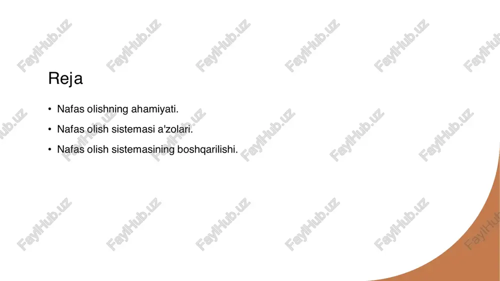 sh va chiqindilarni chiqarish jarayonlari organizmning umumiy holatini yaxshilaydi. nafas olish va uning psixologik holatga ta'siri: ilmiy nuqtai nazar. 01 nafas olish va stress nafas olish jarayoni stressni kamaytirish va ruhiy holatni yaxshilashda muhim rol o'ynaydi. sokin nafas, asab tizimini tinchlantiradi. 02 nafas va kayfiyat nafas olishning ritmi kayfiyatga ta'sir qiladi. qisqa va tez nafas olish xavotir hissini oshiradi, chuqur nafas esa xotirjamlikni ta'minlaydi. 03 nafas va diqqat to'g'ri nafas olish diqqatni oshirishga yordam beradi. o'ylash jarayoni uchun kislorod yetarli bo'lishi zarur, bu esa samarali fikrlashni ta'minlaydi. nafas olish tizimining asosiy a'zolari va ularning funksiyalari. 1 nafas olish yo'llari nafas olish yo'llari, burun, tomoq, traxeya va bronxlarni o'z ichiga oladi. ular havoni tozalash, namlash va isitish vazifasini bajaradi. 2 o'pkalar o'pkalar nafas olish tizimining asosiy organlaridir. ular kislorodni qon orqali tarqatish va karbon dioksidni chiqarish bilan shug'ullanadi. 3 qon aylanishi qon aylanishi nafas olish jarayonida muhim rol o'ynaydi. u o'pkalarda …