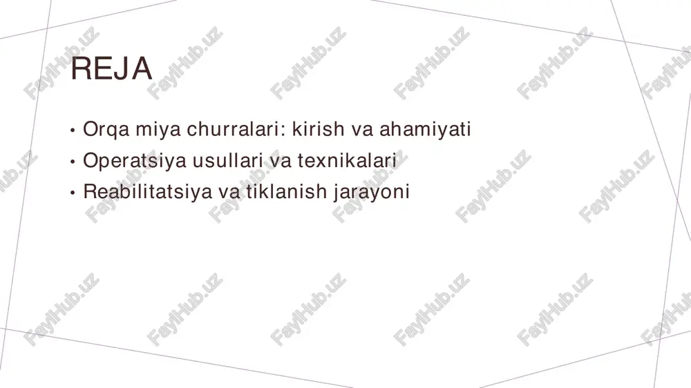malga oshiriladi. bu jarayon aniq tashxis qo'yish uchun muhimdir. 3 muqaddas belgilar - ayrim hollarda orqa miya churralari asoratlar, masalan, noqulaylik yoki o'zgarishlar bilan birga kelishi mumkin. bularni aniqlash va davolash zarur. orqa miya churralarini davolashda zamonaviy jarrohlik usullari. 1 zamonaviy texnologiyalar - zamonaviy jarrohlik usullari, masalan, mikroskopik jarrohlik va endoskopik usullar, spinal churralarni davolashda aniqlik va samaradorlikni oshiradi. 2 mininmally invaziv usullar - mininmally invaziv jarrohlik usullari, masalan, diskektomiya yoki laminektomiya, bemorlarning tiklanish jarayonini tezlashtiradi va og'riqni kamaytiradi. 3 innovatsion materiallar - innovatsion materiallar, masalan, biologik implantlar va sun'iy disklar, spinal strukturalarning tiklanishini yaxshilab, bemorlarning hayot sifatini oshiradi. spinal herniya operatsiyalarida qo'llaniladigan texnikalar va innovatsiyalar. 1 jarrohlik usullari spinal herniya operatsiyalarida eng ko'p qo'llaniladigan jarrohlik usullari mikroskopik jarrohlik va endoskopik jarrohlikdir, ular kam invaziv hisoblanadi. 2 innovatsion texnologiyalar tibbiyotda 3d bosib chiqarish va robotik jarrohlik kabi innovatsion texnologiyalar spinal herniya operatsiyalarini yanada samarali va xavfsiz o'tkazishga yordam beradi. 3 …