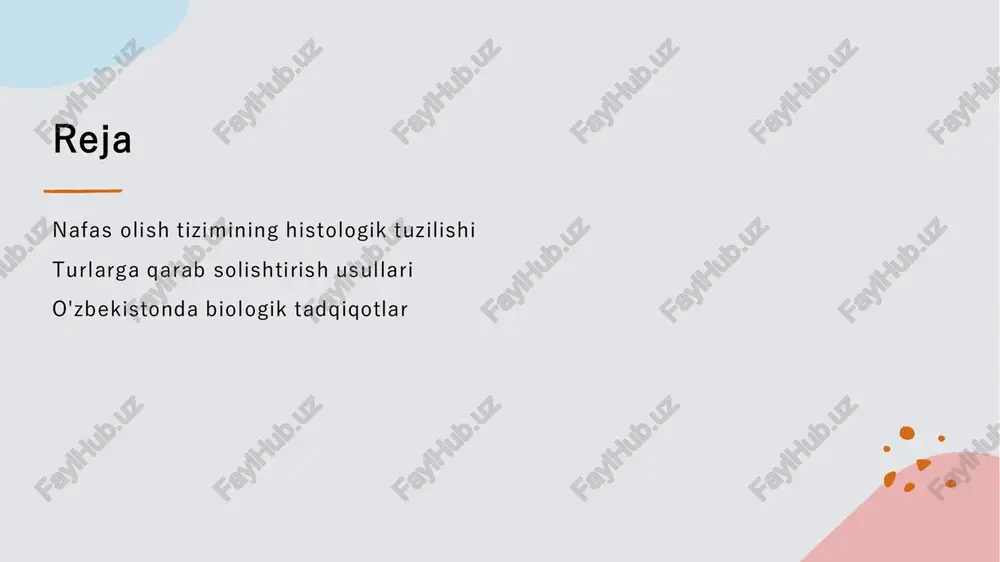 a chiqarish jarayonini takomillashtiradi, baliqlarda esa gillarning tuzilishi havo almashinishini ta'minlaydi. evolyutsion moslashuv turlarga qarab, nafas olish tizimining evolyutsion moslashuvlari hayot sharoitlariga mos keladi. bu, organizmlarning turli muhitlarda yashashiga yordam beradi. o'zbekistondagi nafas olish tizimining histologik tadqiqotlari va natijalari. 01 o'zbekistondagi tadqiqotlar o'zbekistonda nafas olish tizimi bo'yicha olib borilgan tadqiqotlar, asosan, anatomik va histologik farqlarni o'rganishga qaratilgan. 02 natijalar va kashfiyotlar olingan natijalar nafas olish tizimi tuzilishi va funksiyalarining turlararo farqlarini, shuningdek, mahalliy organizmlarning moslashuvchanligini ko'rsatmoqda. 03 kelajakdagi yo'nalishlar tadqiqotlar davomida yangi texnologiyalar va metodologiyalarni qo'llab, nafas olish tizimining histologik xususiyatlarini chuqur o'rganishga e'tibor qaratish rejalashtirilmoqda. nafas olish tizimining turli organizmlardagi histologik farqlari. 1 odam nafas olish tizimi odamning nafas olish tizimi murakkab tuzilishga ega. ularning bronxial yo'llari va alveolalari kislorod almashinuvi uchun maxsus tuzilgan. 2 hayvonlar nafas olish tizimi turli hayvonlarda nafas olish tizimlari bir-biridan farq qiladi. masalan, qushlar havo yo'llarida to'g'ridan-to'g'ri havo almashinuvi amalga oshadi. 3 o'simliklar nafas …