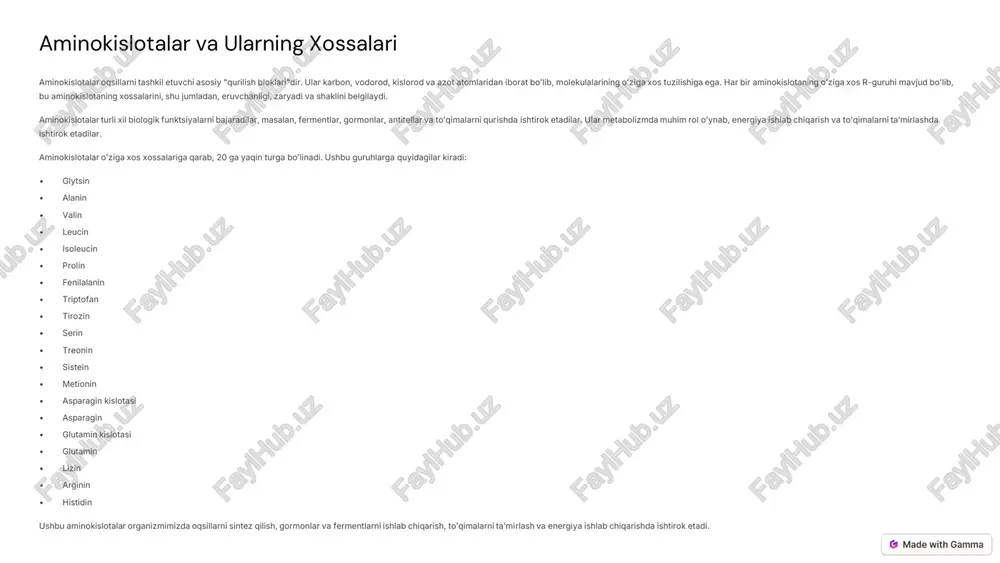 oʻzgarishlarga uchraydi, bu esa ularning biologik faolligini va metabolizmda ishtirok etish imkoniyatini oʻzgartiradi. aminokislotalar oʻzgarishlarining asosiy yoʻllari quyidagilar: 1 transamilanish ushbu jarayonda aminokislotaning amino guruhi boshqa organik molekulaga oʻtkaziladi. 2 dekarbokillanish ushbu jarayonda aminokislotaning karboksil guruhi ajralib chiqadi. 3 dezaminlanish ushbu jarayonda aminokislotaning amino guruhi nh3 shaklida ajralib chiqadi. ushbu jarayonlarning har biri oʻziga xos fermentlar tomonidan katalizlanadi va organizmimizda turli xil biologik funktsiyalarni bajarishda muhim rol oʻynaydi. https://gamma.app/?utm_source=made-with-gamma transamilanish reaksiyalari transamilanish reaksiyalari aminokislotaning amino guruhi (nh2) boshqa organik molekulaga oʻtkazilishi bilan tavsiflanadi. ushbu jarayon organizmimizda aminokislotalar almashinuvida muhim rol oʻynaydi. transamilanishning asosiy fermentlari transaminazalar boʻlib, ular koʻpincha vitamin b6 ni kofaktor sifatida ishlatadi. transamilanish reaksiyalari asosan jigarda sodir boʻladi. transamilanish reaksiyalari quyidagi maqsadlarda ishlatiladi: • aminokislotalar almashinuvi: transamilanish orqali aminokislotalar bir-biriga oʻzgartiriladi va bu ularning organizmimizda ishlatilishini taʼminlaydi. • energiya ishlab chiqarish: transamilanish orqali aminokislotalardan hosil boʻlgan alfa-keto kislotalar energiya manbai sifatida ishlatilishi mumkin. • detoksifikatsiya: transamilanish orqali organizmga …