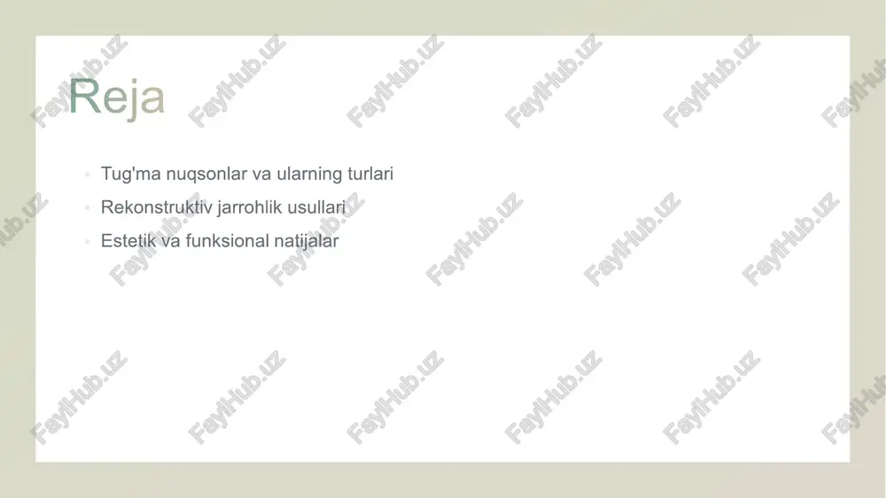i, bu esa kelajakdagi davolash strategiyalarini takomillashtirishga imkon yaratadi. 1 zamonaviy texnikalar bugungi kunda yuqori lab va tanglay nuqsonlari uchun lazer, mikrosug'urtalash, va 3d modellashtirish kabi innovatsion jarrohlik texnikalari qo'llaniladi. 2 minimal invaziv jarrohlik minimal invaziv usullar, masalan, endoskopik jarrohlik, bemorlarning tiklanish jarayonini tezlashtirib, asoratlar xavfini kamaytiradi. 3 personalizatsiya har bir bemor uchun individual yondashuv, ularning aniq ehtiyojlari va anatomik tuzilishini hisobga olgan holda, muvaffaqiyatli natijalarni ta'minlaydi. 4 multidisiplinar yondashuv rekonstruktiv jarrohlik jarayonida, plastik jarrohlar, stomatologlar va psixologlar ishlashlari, kompleks va samarali natijalarga erishish imkonini beradi. 1 innovatsion texnologiyalar - cleft lip va cleft palate jarrohligida 3d modelleme va robotik jarrohlik kabi innovatsion texnologiyalar qo'llanilmoqda, bemorlar uchun xavfsizlikni oshiradi. 2 minimal invaziv usullar - minimal invaziv jarrohlik usullari, masalan, endoskopiya yordamida amalga oshiriladigan operatsiyalar, bemorlarning tiklanish jarayonini tezlashtiradi va og'riqni kamaytiradi. 3 individual yondashuv - har bir bemorning ehtiyojlariga mos keladigan individual jarrohlik rejasi, natijalarni yaxshilaydi va estetik ko'rinishni yaxshilaydi, …