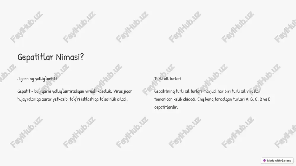 g belgilari charchoq surunkali gepatit charchoq, zaiflik, ishtaha yo'qolishi va vazn yo'qotishga olib kelishi mumkin. qorin og'rig'i qorinning yuqori qismida og'riq, shishib ketish va to'lqinlanish hissi kuzatilishi mumkin. sariqlik ko'zlarning va terining sarg'ish rangi surunkali gepatitning jiddiy belgisi bo'lishi mumkin. https://gamma.app/?utm_source=made-with-gamma surunkali gepatitlarni davolash 1 tashxis qo'yish qon tahlili va tasvirlash usullari orqali surunkali gepatitni aniqlash mumkin. 2 dori-darmonlar surunkali gepatitlarni davolash uchun antivirusli dori-darmonlar qo'llaniladi. 3 hayot tarzi o'zgarishi sog'lom ovqatlanish, spirtli ichimliklardan voz kechish va jismoniy faollik gepatitni nazorat qilishga yordam beradi. 4 jigar transplantatsiyasi jigar sirrozi yoki saratonining og'ir holatlarida jigar transplantatsiyasi zarur bo'lishi mumkin. https://gamma.app/?utm_source=made-with-gamma surunkali gepatitlardan qanday saqlanish kerak? 1 emlash gepatit b va a ga qarshi emlash mavjud. 2 xavfsiz jinsiy aloqa prezervativlardan foydalanish jinsiy yo'l bilan yuqadigan gepatit xavfini kamaytiradi. 3 qonni tozalash qonni tozalash paytida faqat tibbiy xodimlar tomonidan steril igna va uskunalar ishlatilishini ta'minlash kerak. 4 sog'lom turmush tarzi sog'lom ovqatlanish, …