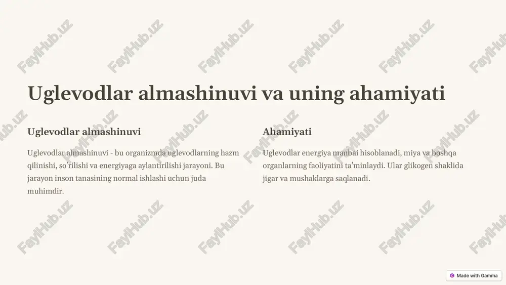 mushaklarga yog'larning ko'p miqdorda to'planishiga olib keladi. 2 xolesterin darajasining oshishi bu yurak-qon tomir kasalliklari xavfini oshiradi. https://gamma.app/?utm_source=made-with-gamma qon tarkibidagi glyukoza darajasining oshishi 1 insulinning ta'siridan mahrumlik insulin hujayralarga glyukoza o'tkazishni to'xtatadi. 2 qondagi glyukoza darajasi ko'tariladi organizm bu glyukozani energiya sifatida ishlata olmaydi. https://gamma.app/?utm_source=made-with-gamma giperglisemiya va uning oqibatlari ko'rishning buzilishi giperglisemiya ko'zning retinasiga zarar yetkazishi mumkin. yurak-qon tomir kasalliklari bu yurak xurujlari va qon tomirlarining xavfini oshiradi. buyrak etishmovchiligi giperglisemiya buyraklarga zarar yetkazishi mumkin. https://gamma.app/?utm_source=made-with-gamma diabetning asosiy turlari 1-toifa diabet organizm insulinni ishlab chiqara olmaydi. ko'pincha bolalikda yoki yoshlikda rivojlanadi. 2-toifa diabet organizm insulinni etarlicha ishlab chiqaradi, lekin hujayralar uni ololmaydi. ko'pincha kattalar yoshida rivojlanadi. https://gamma.app/?utm_source=made-with-gamma uglevodlar almashinuvini boshqarishning asosiy tamoyillari 1 to'g'ri ovqatlanish shakar va qayta ishlangan oziq-ovqatlarni kamaytirish. 2 fizik faollik har kuni kamida 30 daqiqa mashq qilish. 3 doimiy monitoring qon tarkibidagi glyukoza darajasini muntazam ravishda nazorat qilish. https://gamma.app/?utm_source=made-with-gamma