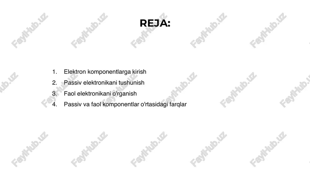 azorat qilish orqali qurilmalarni quvvatlantiradi, signalni qayta ishlash va kuchaytirish imkonini beradi. faol elektronikani o'rganish yarimo'tkazgichlar fizikasi va signallarni qayta ishlashni o'z ichiga oladi. bu turli sohalarda texnologiyani inqilob qila oladigan ilg'or sxemalarni yaratish uchun eshiklarni ochadi. passiv va faol komponentlar o'rtasidagi farqlar venus is the second planet from the sun mercury is the closest planet to the sun jupiter is the biggest planet of them all 1 2 3 passiv komponentlarning turlari elektron qurilmalardagi passiv komponentlar ishlashi uchun tashqi quvvat manbasini talab qilmaydigan elementlardir. ular rezistorlar, kondansatörler, induktorlar va transformatorlarni o'z ichiga oladi. ushbu komponentlar kontaktlarning zanglashiga olib keladigan elektr oqimini nazorat qiladi va kuchlanish darajasini tartibga solish va signallarni filtrlash uchun zarurdir. ular elektron qurilmalarning to'g'ri ishlashi uchun juda muhimdir. boshqa tomondan, tranzistorlar, diodlar va integral mikrosxemalar kabi faol komponentlar ishlashi uchun tashqi quvvat manbai talab qilinadi. ular sxema bo'ylab oqayotgan elektr signalini kuchaytiradi yoki boshqaradi. faol komponentlarning …