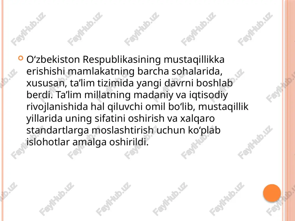 n tarixiy tajribasining guvohlik berishicha birorta ham xalq va millat ta’lim tarbiyaga e’tiborsiz taraqqiyotga erisha olmagan. bugungi kunda ma’naviyatga, ta’lim – tarbiyaga, milliy kadrlar tayyorlashga birinchi darajali ahamiyat bermaydigan jamiyat, davlat, xalq va millat ijtimoiy, iqtisodiy, siyosiy muammolarni bartaraf etolmaydi. xalqi ma’naviy, ma’rifiy jihatdan yetuk bo’lmagan mamlakat tabiiy - iqtisodiy boyliklariga behisob, harbiy jixatdan qudratli bo’lgan taqdirda ham buyuk davlat bo’la olmaydi. el – yurtiga, vataniga sadoqatli, iymon – e’tiqodli, mard va jasur, malakasi yetuk, ma’naviyati yuksak insonlar, barkamol avlod har qaysi davlatning qudratli salohiyat manbasidir. ana shunday noyob hislat va fazilatlarga ega bo’lgan insonlarni, barkamol avlodni tarbiyalab voyaga yetkazgan xalq, albatta kelajakka ochiq ko’z, katta ishonch, umid va ixlos bilan qaray oladi. ko’rinib turganidek, mustaqil o’zbekiston taraqqiyoti taqdirini ham ma’naviy jihatdan yetuk insonlar hal qiladi. mavzuning o’rganilganlik darajasi. ushbu mavzu bir nechta nomzodlik, magistrlik, bir nechta bitiruv malakaviy ishlar tayyorlangan va himoya qilingan va qilinmoqda. lekin mustaqillik yilarida ta’lim …