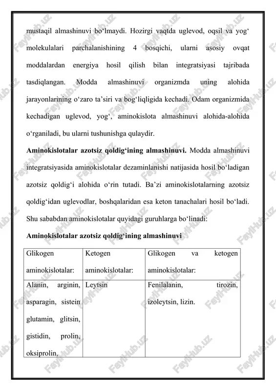 indan glyukoza sintezi. aminokislotalardan glyukoneogenezning mumkinligi qandli diabetni o‘rganishda ko‘rsatilgan. eksperimental qandli diabetli hayvonlarda 50% (ba’zida 80% gacha) kiritilgan oqsilning glyukozaga aylanishi ko‘rsatilgan. bu jarayonda glikogen aminokislotalar eng muhim o`rinni o‘ynaydi, ularning parchalanishidagi azotsiz qoldig‘idan pirouzum kislota hosil bo‘ladi, u esa glyukoza parchalanishi va sintezining oraliq metabolitidir. mushaklarda oqsilni parchalanishida hosil bo‘lgan alanin, serin, treonin, sistein kabi aminokislotalardan glyukoz-alanin sikli yordamida qondagi glyukozaning miqdori organizmda glyukoza yetishmagan davrida, uning qondagi miqdorini boshqarishda ahamiyatga ega. glitserin triatsilglitserinlar parchalanishi natijasida hosil bo‘ladi. uglevod va lipid almashinuvi o‘rtasidagi bog‘lanish glitserin orqali amalga oshiriladi, chunki glitserin oksidlanganda pirouzum kislotasi hosil bo‘ladi va undan glyukoza sintezlanadi. bu jarayonlarni boshqarishda glyukokortikosteroidlar muhim ahamiyatga ega. ularga kortizol, kortikosteron, kortizon va boshqalar kiradi. ular glyukoneogenezning spetsifik fermentlarini piruvatkarboksilaza, fep-karboksikinaza, fruktoza-1,6-difosfataza, glyukoza-6-fosfataza hosil bo‘lishini stimullaydilar. periferik to‘qimalarda glyukozaning sarflanishini pasaytiradilar. gidrokortizon glyukozaning hujayraga faol transportini ingibirlaydi. soglom odamlar jigarida kortizolning uglevod metabolizmiga ta’siri natijasida glikogen, qonda glyukoza miqdori ortadi. …