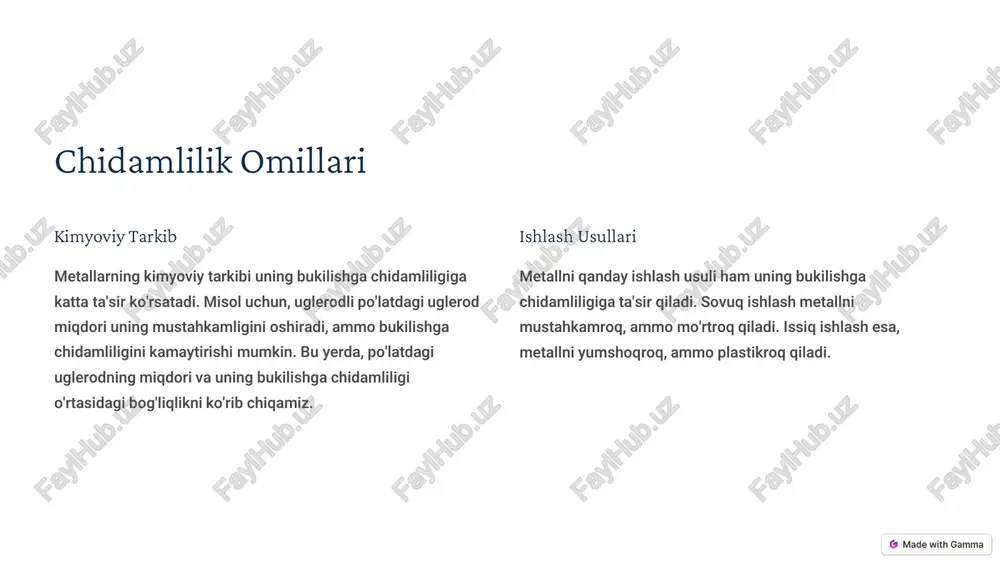 ?utm_source=made-with-gamma bukilishga chidamlilik sinov 1 tayoqcha sinov eng oddiy va keng tarqalgan sinov usuli. bu usulda, tayoqcha ma'lum burchak ostida bukilgan va bukilishga chidamlilik darajasi o'lchanadi. 2 plitka sinov plitka ma'lum kuch bilan bukilgan va bukilishga chidamlilik darajasi o'lchanadi. bu usul ko'proq murakkab bo'lib, katta miqdordagi ma'lumotlarni to'plash imkonini beradi. 3 sinov natijalarini tahlil sinov natijalarini tahlil qilish, metallning bukilishga chidamliligini aniqlash va uni turli texnologiyalar va ishlash usullariga qarab taqqoslash imkonini beradi. https://gamma.app/?utm_source=made-with-gamma bukilishga chidamlilikni oshirish usullari qotishmalar metallga boshqa elementlar qo'shish, uning bukilishga chidamliligiga ijobiy ta'sir ko'rsatishi mumkin. misol uchun, po'latga uglerod qo'shish uning mustahkamligini oshiradi. issiqlik ishlash to'g'ri issiqlik ishlash jarayoni metallning mikrotuzilishini o'zgartirib, uning bukilishga chidamliligiga ijobiy ta'sir ko'rsatishi mumkin. sovuq ishlash metallni sovuq ishlash uning bukilishga chidamliligiga ijobiy ta'sir ko'rsatishi mumkin, ammo shu bilan birga uning mo'rtligini ham oshiradi. https://gamma.app/?utm_source=made-with-gamma ilovalar ko'priklar po'latdan yasalgan ko'priklar, yuqori bukilishga chidamliligini ta'minlash uchun mo'ljallangan. po'latning yuqori mustahkamligi, ko'priklarni …