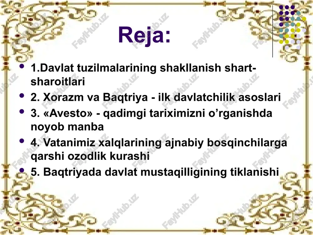 kllanish jarayonini axmoniylargacha bo`lgan davrda deb xisoblaydilar va mil. av. ix-vii asrlar deb belgilaydilar. katta xorazm davlati tarkibiga amudarening quyi oqimidagi shimoliy arlar, murg`ab vahosi va parfiya xududlari, baktriya davlati tarqibiga esa xozirgi surxandaryo, tojikistonning amudaryoga yoki yerlar va shimoliy afganiston xududlari, sug`diena — zarafshon daryosidan suv ichgan yerlar va qashqa vahosi xududlari kirgan. markaziy osiyo xalqlari mil. avv. vi-iv asrlarda, ya`ni qarayib 200 yil mobaynida eron ahamoniylari xukumronligi ostida yashodilar. faqat mil.avv. iv asrlarga kelib ahamoniylarning mrakaziy hokimiyati kuchsizlana boshlagan, zulm asoratida bo`lgan xalqlar o`z mustaqilliklariga erishish imkoniyatiga ega bo`ldilar. markaziy osiyoda o`z mustaqilligiga birinchilar qatorida xorazm vohasi erishdi. iskandor zulqarnayn eronning asosiy viloyatlarini bosib olgach, il.avv.329 yilning bahorida xindikush tog`idan oshib markaziy osiyo hududlariga kirib keladi. bosqinchilarga qarshi umum xalq uruushi e`lon qilgan baktriyaliklar, so`g`ienaliklar va skiflar uch yil davomida dushman bilan mardonavor jang qiladilar. xalqning yunon-markazi bosqinchilariga qarshi kurashiga mahalliy sarkordalardan bo`lgan spitamen boshchilik qiladi. mil.avv.327 yilning …