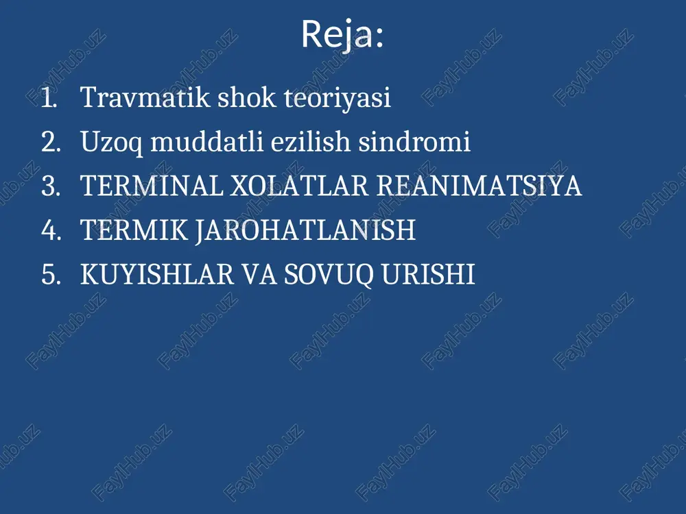 shok darajasi sistolik bosim gto`g`ri proporsional 1 daraja – ab = 90-100 mm.smb.ust 2 daraja– ab = 75-85 mm.smb.ust 3 daraja – ab = 70 va undan past mm.smb.ust shok darajasi umumiy holat es hushi tana harorati puls chastotasi sistilik bosim nafas olish chastotasi i – yengil o`rta og`ir aniq me`yorida 100 ta min 90-100 mm smb ust 18-20 ta min ii – o`rta og`ir sopor pasaygan 110-120 ta min 75-85 mm smb ust 20-30 ta min iii – og`ir juda og`ir stupor pasaygan, sovuq ter 130 min va ko`p 70 mm smb ust va hkz 30-35 ta yuzaki a.n.berkutov klassifikatsiyasi agarda ab 80 mm smb ust bo`lsa,ammo davodan so`ng darhol ko`tarilsa –yengil shok …………………………………………………….. agarda ab 80 mm smb ust bo`lsa,ammo nostabil bo`lsa,davodan 2 soatdan so`ng ko`tarila boshlasa-o`rta darajadagi shok …………………………………………………….. agarda ab 80 mm smb ust bo`lsa,ammo doimiy pasayib borsa va 2 soatgacha ko`tarilmasa –og`ir shok tibbiy evakuatsiya …