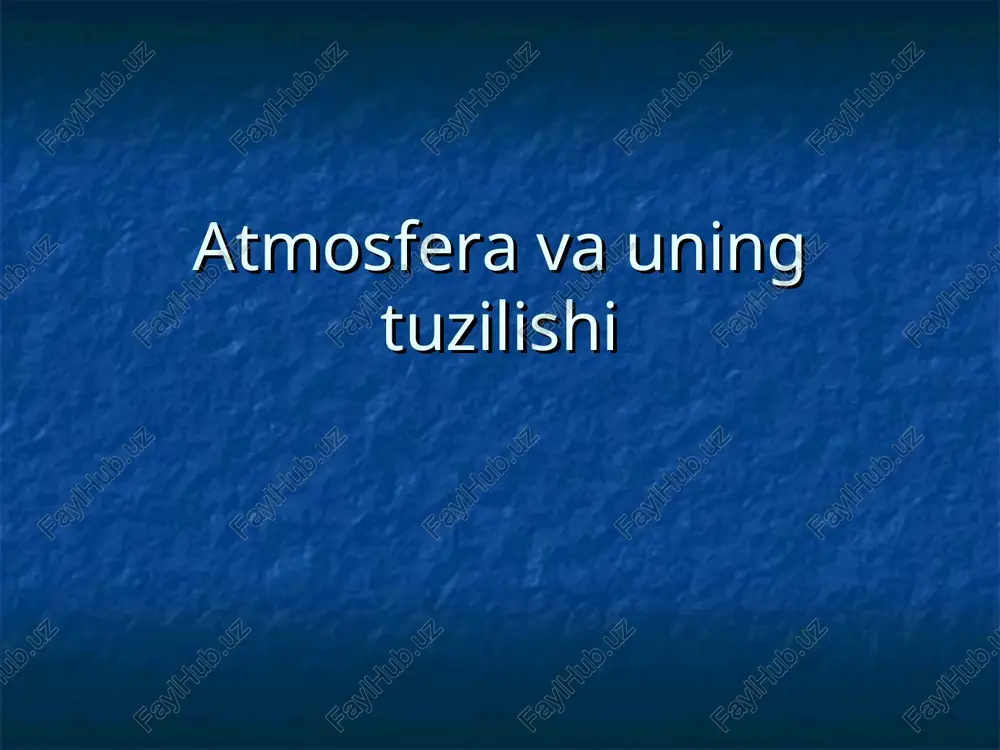 shqi qobig’i uning qalinligi 2900 km ga teng. mantiyni esa yer po’sti qoplagan .u yer qobiqlaridan eng qattig’i bo’lib qalinligi okianlar tagida 5 km dan baland tog’lar tagida esa 80 km gacha etadi.olimlarning tahmin qilishicha mantiya magni ,temir va qo’rg’oshindan iborat. atmosferaning gaz tarkibi deyarli doimiy bo'ladi: asosan azot-78,09%, kislorod-20,95%, argon-0,93%, karbonat angidrid-0,03% mavjud. shu bilan birga yana inert gazlar: geliy, neon, ksenon, vodorod, kripton, metan, ammiak, yod, radon gazlar va havoda doim 3-4 % suv bug'lari, changlar bo'ladi. e’tiboringiz uchun rahmat! troposfera ——®_10 in estratosfera —_ 40 kan mesosfera ——— 50 km termosfera. ———t» 200 kin exosfera ——— ‘bbicota (km) 120 0.0001 400 tepmoccbepa meszoccbepa 5 eo on § cwarnayse 18 40 z 10 © ctpatoccdbepa 20 tpononaysa 100 1000 0 ‘temnepatypa (°c)