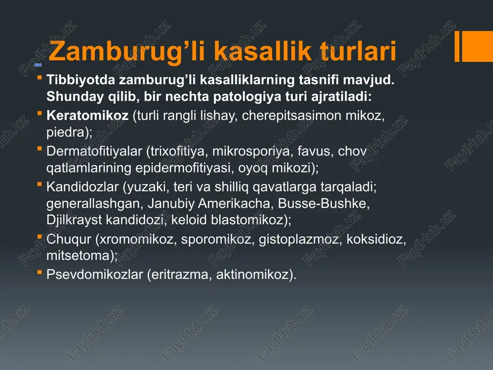 rda uzoq vaqt davomida saqlanib qoladi. go’zallik salonlari, sartaroshxonalar, basseynlar, hammomlar, manikyur salonlariga tashrif buyurish paytida zamburug’li kasalliklar bilan kasallanish xavfi mavjud. ortqicha terlash (gipergidroz), immunitetning pasayishi, terida shilinish va yoriqlar mavjudligida, avitaminozlar va shaxsiy gigiena choralariga rioya qilmaslik bilan bog’liq patologiya paydo bo’lishi hollari mavjud. zamburug’lar tashqi muhitda juda barqaror bo’lgan sporalar bilan ko’payganligi sababli ular kundalik buyumlarga, epidermis yoki shilliq qavatlarning boshqa joylariga tushadi va ularda uzoq vaqt davomida saqlanib qoladi. go’zallik salonlari, sartaroshxonalar, basseynlar, hammomlar, manikyur salonlariga tashrif buyurish paytida zamburug’li kasalliklar bilan kasallanish xavfi mavjud. ortqicha terlash (gipergidroz), immunitetning pasayishi, terida shilinish va yoriqlar mavjudligida, avitaminozlar va shaxsiy gigiena choralariga rioya qilmaslik bilan bog’liq patologiya paydo bo’lishi hollari mavjud. alomatlari odatda, barcha zamburug’li kasalliklar terining yengil va sezilmaydigan qipiqlanishidan boshlanadi. biroq, har bir turi ma’lum bir alomatlar bilan tavsiflanadi: keratomikoz — bu epidermisga ta’sir etadi, yallig’lanishni keltirib chiqarmaydi, shikastlangan dermatomalarning qipiqlanishi, pigmentatsiyaning o’zgarishi xarakterlidir. shikastlanish o’choqlari …