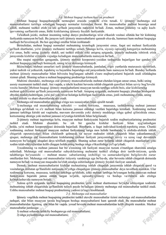i sifatidagina xizmat qiladi. shuning uchun u mehnat huquqining predmetiga kirmaydi. muhimi shundaki, mehnatga oid ijtimoiy munosabatlarda mehnat chetdan kirgan unsur emas, balki uning asosiy mazmunini tashkil etadi. ani vaqtda, u ishchi kuchini bevosita ishlab chiqarish qurollari bilan uzviy bog'lovchi vosita hamdir. mehnat huquqi ijtimoiy munosabatlarni muayyan tarzda tartibga solishi bois, ular kishilarning mehnat qobiliyatini qo'llash jarayonida namoyon bo'ladi. aniqroq aytganda, mehnatni huquqiy jihatdan boshqarish obyekti moddiylashtirilgan, ya'ni pul yoki tovar holatiga kellirilgan faoliyatida emas, jonli mehnatning o'zida, uning tashkil etilishi va shart-sharoitlarida aks etadi. mehnatga oid munosabatlar quyidagi o'ziga xos xususiyatlari bilan ajralib turadi: 1) mehnatga oid munosabatning subyekti — xodim korxona, muassasa, tashkilotning mehnat jamoasi tarkibiga qo'shiladi va o'z mehnati bilan korxona jamoasi oldidagi vazifani bajarishga kirishadi. xodimning mehnat jamoasi tarkibiga kirishi uni vaqtineha, mavsum davomida yoki doimiy muddatga ishga qabul qilinishida emas, korxonaning shtatiga yoki mehnat jamoasi ro'yxatiga kiritilishi bilan belgilanadi; 2) ijtimoiy mehnat taqsimotiga ko'ra, muayyan …
