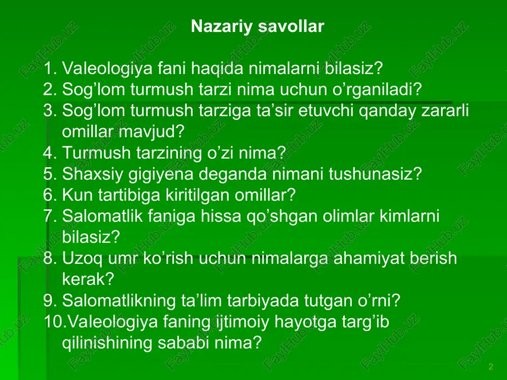 uni mustaxkamlash yo’llari, aniq sharoitlarda inson xayotiy faoliyatini shakllantirish va saqlash haqidagi bilimlarning fanlararo yo’nalishidir. * sog’lom turmush tarzi – bu insonning hayoti va salomatligini ta’minlashda xizmat qiluvchi xayotiy faoliyatini yo’lga qo’yish va salomatlikni yuqori darajada bo’lishni ta’minlovchi ijtimoiy xodisadir. * sog’lom turmush tarzida faol harakatlar: jismoniy tarbiya, chiniqish, sport bilan shug’ullanish kun tartibini oqilona rejalashtirish to’g’ri va sifatli ovqatlanish shaxsiy va umumiy gigiena talablariga rioya qilish atrof- muhitni muhofaza qilish yuqumli kasalliklarni oldini olish to’g’ri jinsiy tarbiya olish. “badantarbiya – sog’liqni saqlashda ulug’vor usuldir”. abu ali ibn sino badantarbiya, ochiq havoda sayr qilish, sport o’yinlari kabi chiniqtiruvchi mashg’ulotlar bilan shug’ullanish – uzoq umr va salomatlikni ta’minlovchi omillardandir. * salomatlikka ta’sir qiluvchi zararli odatlar * noto’g’ri ovqatlanish tamaki chekish atrof-muhitning iflosligi alkogolni me’yordan ortiq iste’mol qilish stress ko’p o’tirish insonning uzoq umr ko’rishining asosi – jismoniy harakat sanaladi. tinch va uzoq hayot kechirish maqsadida sog’lom va baquvvat bo’lishi, o’z yoshligi, …