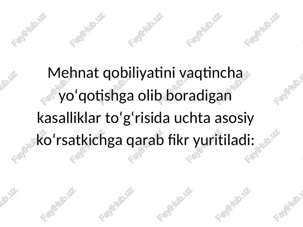 i x 100 • vmek tomonidan bir yilda birlamchi nogironlik berilgan shaxslar soni • 5. guruhlar bo‘yicha nogironliklar dinamikasi (ushbu ko‘rsatkichni ayrim guruhlar bo‘yicha ham hisoblash = mumkin) • joriy yildagi nogironlik ko‘rsatkichi (birlamchi yoki umumiy) x 100 • o‘tgan yildagi nogironlik ko‘rsatkichi (birlamchi yoki umumiy) • 6. barcha nogironliklar ichida birlamchi nogironliklarning ulushlari = • joriy yilda berilgan birlamchi nogironlar soni x 100 • umumiy nogironlar soni • 7. umumiy nogironlar orasida, bolalikdan nogironlarning ulushlari = joriy yildagi bolalikdan nogironlar soni x 100 • • umumiy nogironlar soni • nazorat savollari. • 1. axolining kasallanishi haqidagi asosiy ma'lumotlarni manbalari nimalardan iborat. 2. aholining asosiy kasallanishi ko‘rsatkichlariga nimalar kiradi. 3. birlamchi kasallanishlarni xisoblash uchun qanday ma'lumotlar zarur. 4. umumiy kasallanishlar ko‘rsatkichini xisoblash uchun qanday ma'lumotlar zarur. 5. nogironlik ko‘rsatkichlariga nimalar kiradi. 6. birlamchi nogironlik ko‘rsatkichini xisoblash uchun qanday ma'lumotlar zarur. 7. umumiy nogironlik ko‘rsatkichini xisoblash uchun qanday ma'lumotlar zarur • …