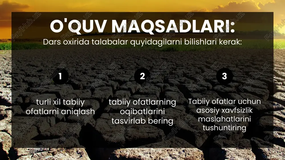 lzilalar, odamlar yoki haroratning keskin o'zgarishi bilan qo'zg'alishi mumkin. qanday tayyorlansak bo'ladi? mintaqangizda keng tarqalgan tabiiy ofat turlarini biling. favqulodda vaziyatlar to'plamini saqlang va evakuatsiya rejalarini o'rganing. ob-havo ogohlantirishlari va maslahatlar bilan yangilanib turing. tinglaganingiz uchun rahmat umid qilamanki, bugun siz yangi narsalarni o'rganasiz! image1.jpeg image2.png image3.svg image4.jpeg image5.jpeg image6.jpeg image7.jpeg image8.jpeg image9.jpeg image10.jpeg image11.jpeg image12.jpeg lw leak er if tiare nes ; st oe bs 2 a _—— — ¥ a> al % a x ¢ “2 ~ ‘se a aun ‘ -. 4 = a \ a e ‘ » ¢ . or ‘ “a's ’ ~ ™ u's , - sw enial r. bs /docprops/thumbnail.jpeg