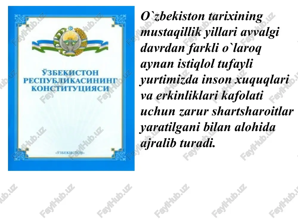 bilan mustahkamlandi. jumladan, fuqarolarning dinga munosabati o`zbekiston respublikasi oliy majlisining «vijdon erkinligi va diniy tashkilotlar to`g`risida»gi (1998 y.) qonun bilan tartibga solindi, hamda ularning daxlsizligi ta`minlanmokda. o`zbekistonda mustaqil davlatchilikning jahon andozalariga mos keladigan, eng ilg`or tajribalar asosida vujudga kelgan zamonaviy usullar joriy qilina boshlandi. inson xuquklari va erkinliklari ustivorligini ta`minlashning huquqiy asoslari yaratilishiga kirishildi. xalqaro miqyosda qabul qilingan tamoyillarga asoslanib faoliyat ko`rsatadigan yangidan yangi huquqiy muassasalar tashkil etildi. istiqlol yillarida fuqarolarning huquklarini aks ettiruvchi, himoya qiluvchi, ularning turli sohalardagi faoliyatini tartibga soluvchi 300 dan ortiq qonun va parlamentning qonunga tenglashtirilgan qarorlari tizimi vujudga keldi. bir yarim mingdan ortiq prezident farmoni va vazirlar mahkamasining qarori qabul qilinganligi ayni ana shu tarixan juda qisqa davrda amalga oshirilgan ishlar ko`lamini ko`rsatadi. ularning aksariyati fuqarolar haqhuquqini muxofaza qilish, bozor munosabatlarini chuqurlashtirish va to`la qaror toptirish asosida fuqarolarning ijtimoiy, iqtisodiy, huquqiy va siyosiy himoyalashni ta`minlashga qaratilgandir. endi qamma gap ana shu qonunlar, qarorlar, farmon va …