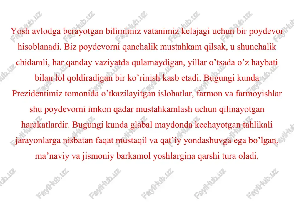 zning ma'naviy immunitetini kuchaytirish, ularning bo‘sh vaqtini mazmunli o‘tkazish har qachongidan ham dolzarbroq ekanini zamonning o‘zi ko‘rsatib turibdi. prezidentimiz o’z so’zlarida shunday deydi “o’z uyingizni, o’z bolangizni o’zingiz asrang” bu shior, bu da’vat hech qachon kun tartibidan tushmasligi kerak. o‘zbekiston respublikasini rivojlantirishning beshta ustuvor yo‘nalishi bo‘yicha harakatlar strategiyasida belgilangan yoshlarga oid davlat siyosatini takomillashtirish, yoshlarning huquq va manfaatlarini himoya qilish, ularning barkamol bo‘lib voyaga yetishi uchun zarur shart-sharoitlar yaratish borasida bir qancha muhim hujjatlar qabul qilindi, amaliy ishlar yo‘lga qo‘yildi, muayyan natijalarga erishildi. shunday bo‘lsa ham, bu borada bajariladigan ishlar hamisha keng ko‘lamli bo‘lib, o‘z dolzarbligini saqlab qolaveradi. shu bilan birga oʻzbekiston respublikasi prezidenti shavkat mirziyoyev 2019- yilning 19-mart kuni 5 ta muhim tashabbusini ilgari surgan edi. birinchi tashabbus - yoshlarning musiqa, rassomlik, adabiyot, teatr va san‘atning boshqa turlariga qiziqishlarini oshirishga, iste‘dodini yuzaga chiqarishga xizmat qiladi. ikkinchi tashabbus – yoshlarni jismoniy chiniqtirish, sport sohasida qobiliyatini namoyon qilishlari uchun zarur sharoitlar …