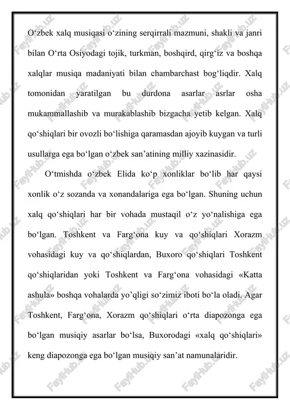 ug‘ulchai dugoh» va «mug‘ulchai segoh»-5/4 ga; «talqin», «bayot», «adoi», «asiriy» va «chapandozi bayotlar»-3/8; «miskin»- 4/4 va h.k. xalq qo‘shiqlarimizga musiqa asboblarining jo‘r bo‘lishi bu alohida ahamiyatga egadir. ba’ze holatlarda kuylar asboblar jo‘rligida yana ham maydalashib kuyga o‘zgacha jilo beradilar. xalq kuy va qo‘shiqlarimiz ikki xil ansambl jo‘rligida ijro etiladi. biri-uyda, xonada (doira, g‘ijjak, nay, tanbur, rubob, dutor) va ikkinchisi katta marosimlarda-karnay, surnay, nog‘ora, bir necha doira va boshqa asboblar jo‘rligida. xalq kuylarimizni yana ikki turga bo‘lishimiz mumkin: cholg‘u turi va ashula turiga. masalan «yangi tanavor», «dutor bayoti», «rohat», «gul sayri»-kitoblar cholg‘u turiga kirsa, «chorgoh», «bayot-5», «ushshoq», «chapandozi navolar» qo‘shiq turidan nishonalardir. xalq qo‘shiqlarimiz turli yo‘nalishlarga ijro etiladi:-lirik qo‘shiqlar, marosim qo‘shiqlari, mehnat haqidagi qo‘shiqlar, laparlar, yallalar va bolalar uchun ijod qilingan asarlardan iboratdir. buxoroda-mavrigiyxonlik, toshkent va farg‘onada-yalla, xorazmda esa sho‘x o‘ynoqi turdagi qo‘shiqlar ijro etiladi. - yalla-bandli (kupletnaya) qo‘shiq bo‘lib, uch-to‘rt xonanda ijrosida aytiladigan asardir. qo‘shiqning boshlanish qismini hamma, o‘rta avjini …