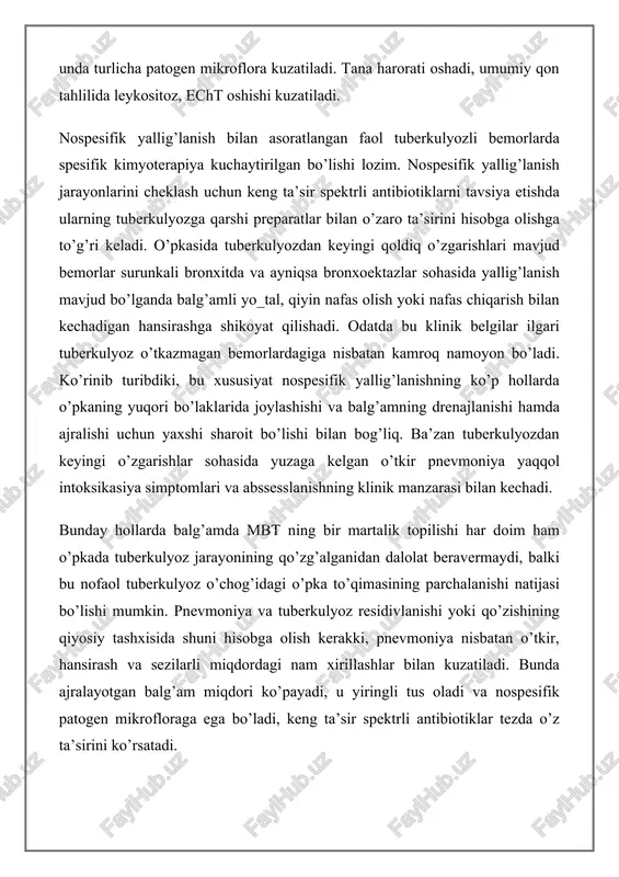 n faol tuberkulyozli bemorlarda spesifik kimyoterapiya kuchaytirilgan bo’lishi lozim. nospesifik yallig’lanish jarayonlarini cheklash uchun keng ta’sir spektrli antibiotiklarni tavsiya etishda ularning tuberkulyozga qarshi preparatlar bilan o’zaro ta’sirini hisobga olishga to’g’ri keladi. o’pkasida tuberkulyozdan keyingi qoldiq o’zgarishlari mavjud bemorlar surunkali bronxitda va ayniqsa bronxoektazlar sohasida yallig’lanish mavjud bo’lganda balg’amli yo_tal, qiyin nafas olish yoki nafas chiqarish bilan kechadigan hansirashga shikoyat qilishadi. odatda bu klinik belgilar ilgari tuberkulyoz o’tkazmagan bemorlardagiga nisbatan kamroq namoyon bo’ladi. ko’rinib turibdiki, bu xususiyat nospesifik yallig’lanishning ko’p hollarda o’pkaning yuqori bo’laklarida joylashishi va balg’amning drenajlanishi hamda ajralishi uchun yaxshi sharoit bo’lishi bilan bog’liq. ba’zan tuberkulyozdan keyingi o’zgarishlar sohasida yuzaga kelgan o’tkir pnevmoniya yaqqol intoksikasiya simptomlari va abssesslanishning klinik manzarasi bilan kechadi. bunday hollarda balg’amda mbt ning bir martalik topilishi har doim ham o’pkada tuberkulyoz jarayonining qo’zg’alganidan dalolat beravermaydi, balki bu nofaol tuberkulyoz o’chog’idagi o’pka to’qimasining parchalanishi natijasi bo’lishi mumkin. pnevmoniya va tuberkulyoz residivlanishi yoki qo’zishining qiyosiy tashxisida shuni …