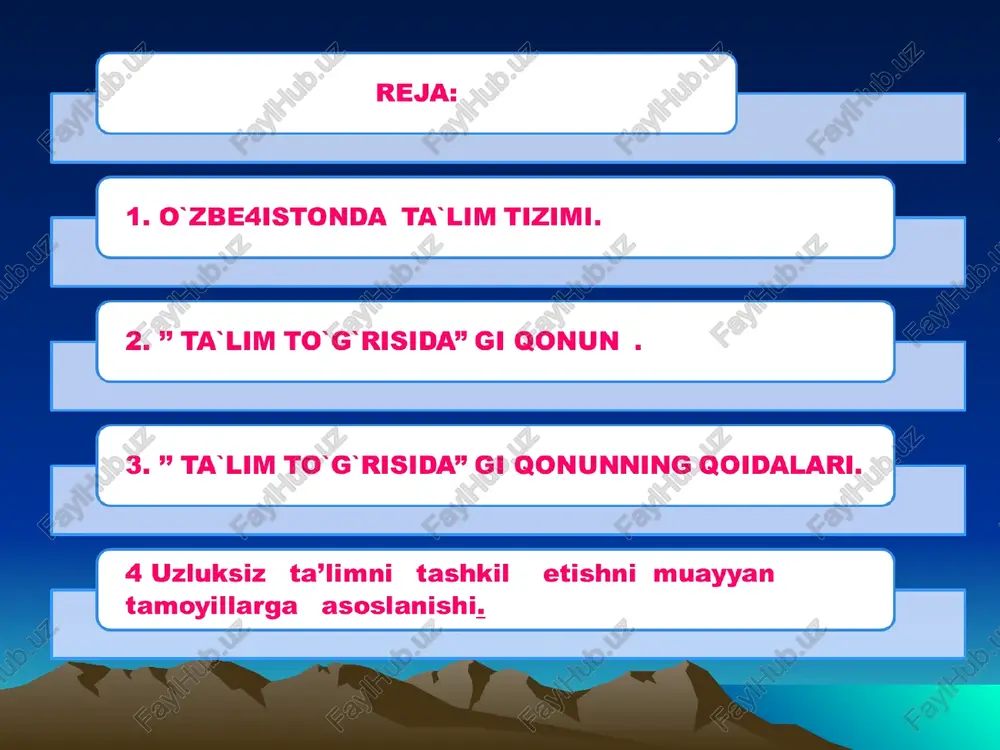aratish. «kadrlar tayyorlash milliy dasturi»da uzluksiz ta’limni isloh qilish yo‘nalishlari ham aniq ko‘ratib berilgan. mazkur yo‘nalishlar sirasiga quyidagilar kiradi: kadrlar salohiyatini tubdan yaxshilash; pedagoglarning kasbiy nufuzini oshirish; davlat va nodavlat ta’lim muassasalarining turlarini rivojlantirish; ta’lim tizimini tarkibiy jihatdan qayta qurish; ta’lim dasturlarini tubdan o‘zgartirish; majburiy o‘rta umumiy ta’limdan o‘rta maxsus, kasb - hunar ta’limiga o‘tilishini ta’minlash; yangi tipdagi o‘quv muassasalarini vujudga keltirish; yangi kasb – hunar va mutaxassisliklar bo‘yicha kadrlar, shu jumladan, boshqaruv tizimi kadrlarini tayyorlash, qayta tayyorlash va ularning malakasini oshirish; ta’limning barcha daraja va bo‘g‘inlarida ta’lim oluvchilarning ma’naviy-axloqiy fazilatlarini rivojlantirish; ta’limni boshqarish tizimini takomillashtirish, ta’lim muassasalarini mintaqalashtirish; shaxsga ta’lim berish va uni tarbiyalashda oila, ota - onalar, jamoat tashkilotlari, mahallalar, xayriya va xalqaro fondlarning rolini kuchaytirish; ta’lim jarayoni va kadrlar tayyorlash sifatiga xolis baho berish tizimini yaratish; ta’lim tizimini moliyaviy, moddiy-texnika va boshqa tarzdagi resurslar bilan ta’minlash mexanizmlarini shakllantirish; uzluksiz ta’limni fan va ishlab chiqarish bilan integratsiyalashtirishning puxta …