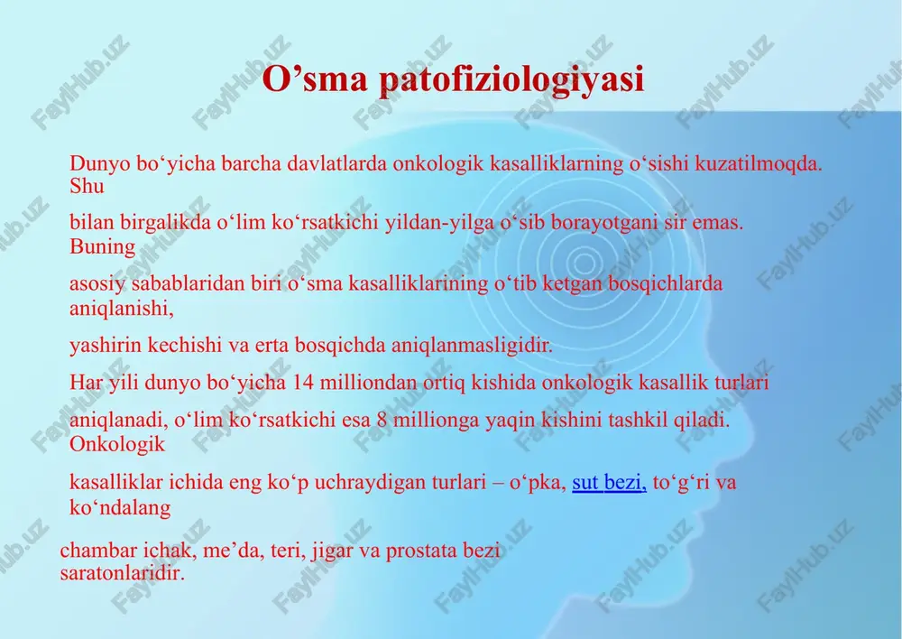 itmayotgan yaralar, oqmalar, jarohatdan keyingi o‘zgarishlar, xavfsiz o‘smalar, to‘qimalardagi giperplastik va o‘smaoldi o‘zgarishlari kiradi. fakultativ o‘smaoldi kasalliklari fakultativ o‘smaoldi kasalliklariga quyidagilar kiradi: teridagi qarilik keratozi, bachadon bo‘yni leykoplakiyasi, eroziyasi, me’da, yo‘g‘on ichak polipi, fibroz-kistoz mastopatiya, fibroadenoma, teratomalar, kuygandan keyingi chandiqlar, oqma yaralar, bachadon bo‘yni gormonal giperplaziyasi. ushbu kasalliklar o‘ziga xos belgilarga ega bo‘lib, uzoq vaqt mobaynida organizmda rivojlanib, 5 foizgacha xavfli o‘smalarga aylanishi mumkin. shuni inobatga olib, olimlar xavfli o‘sma kasalliklarining dastlabki simptomlarini obligat kasalliklardan qidirish kerak, deyishadi. obligat kasalliklar turiga yo‘g‘on ichak polipozi, terining pigmentli kserodermasi, teri bouen dermatozi, pedjet kasalligi, bachadon bo‘yni displaziyasi, me’daning tana qismi kallyoz yarasi, eroziv egofagit, yarali rektit, indurativ pankreatit va boshqa kasalliklar kiradi. ushbu kasalliklarning xavfli o‘smalarga o‘tishi uzoq davrni tashkil qiladi (20-30 yil). xavfli o‘smalarning klinik belgilari xavfli o‘sma rivojlanishi uzoq davom etadigan jarayon bo‘lib, klinik simptomlar shunga yarasha namoyon bo‘ladi. klinik simptomlarning rak kasalligida paydo bo‘lishi ko‘p jihatdan xavfli o‘smaning qaysi …