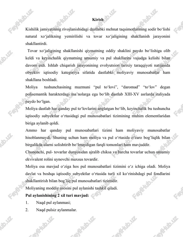 ul aylanmasi; 2. naqd pulsiz aylanmalar. real pul aylanmasi bu iqtisodiy jarayon bo‘lib qiymatni harakatini yuzaga keltiradi va pul to‘lovlari va hisob kitoblari bilan biralikda harakat qiladi. real pul oborotlarini asosiy obyektlari bo‘lib kengaytirilgan takror ishlab chiqarish jarayonini moliyalashtirishning asosiy manbai bo‘lgan moliyaviy mablag’lar hisoblanadi. moliyaning harakterli belgilari qo‘yidagilardan iborat: 1. pul munosabatlari harakteridan iborat. 2. taqsimlash harakteridan iborat. 3. fondli harakterdan iborat. moliya o‘ziga hos ravishdagi tarixiy kategoriya hisoblanadi. pul insoniyatning buyuk kashfiyotlaridan biri hisoblanadi. insoniyat sivilizatsiyasining dastlabki davrlaridayok pullar paydo bo‘ldi tovar pul munosabatlari paydo bo‘ldi, davlatlar shakllandi. ammo nima uchun moliya o‘rta asrlarda paydo bo‘ldi. buning 1-shart sharoiti o‘sha davrlarda yevropa davlatlarda ichki ziddiyatlar va muammolar paydo bo‘la boshladiki ularni hal qilish uchun davlat yirik miqdordagi pul mablag’lariga extiyoj seza boshladi. 2-asosiy shart sharoit o‘sha davrlarda pul fondlarini shakllantirish va undan foydalanish tizimli harakterga ega bo‘la boshladi. usha davrlardayok harajatlarni 4 turi amal qila boshlagan edi: harbiy …