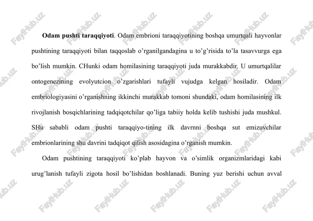 lastomerlar hosil bo’la boshlaydi. ochroq maida blastomerlar yirik va qoramtir blastomerlar atrofida bir qavat hosil qila boshlaydi, ularni qoplab oladi. qoplovchi may-da oqish blastomerlar - trofoblastlar qavati homilaning ta-raqqiyot jarayonida faqat uni oziqlantirish vazifasini o’taydi. ichky tomonda joylashgan yirik qoramtir blastomerlar to’dasi embrioblastlar ham homilani vujudga keltirishda, hamda pro-vizor organlarning rivojlanishida asos bo’ladi. maydalanish jarayoni juda ssjin boradi. taxmin qilinishi-cha, urug’lanish bo’lib o’tgandan keyin dastlabki 4 kunning har birida maydalanish faqat bir marta bo’ladi. to’rtinchi kunning oxirida homila 8-12 blastomerdan tashkil topadi. homila tuxum yo’lidayoq o’ziga suyuqlik so’rishi tufayli: homila pufakchasi, ya’ni blastotcistaga aylanadi. blastotcistani atrofidan bir qavat trofoblast hujayralari qamrab turadi. ichki bo’shlig’i suyuqliq bilan to’lgan bu pufakchalarning bir qutbiga hujayralar to’plami bo’lmish embrioblast yoki homila tugunchasi birikkan bo’ladi. rivojlanayotgan 4-5 kunlik odam homilasi o’z tuzilishi bi-lan boshqa yo’ldoshli sut emizuvchi hayvonlar blastotcistasini eslatadi. rivojlanishning birinchi haftasi oxirlarida homila tuxum yo’lidagi suyuqlikning oqimi, tuxum yo’li muskullarining oldinma-keyin (peristal’tik) qisqarishi …
