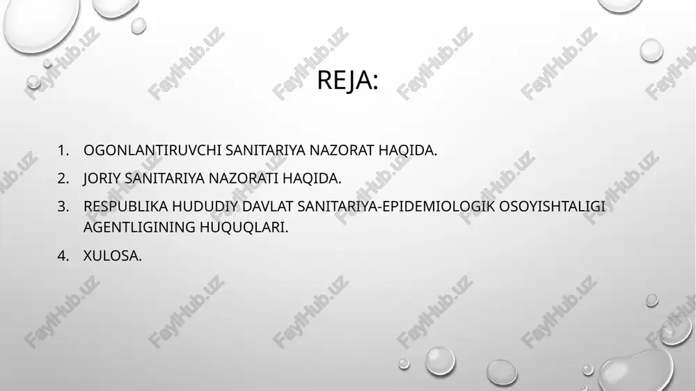 uvini tashkil etish va olib borish. aholinig kasallanish darajasining va unga ta‘sir etuvchi atmosfera havosini( suv havzalari va manbalari, tuproqni) muntazam reja asosida sanitariya-gigiyenikholatini organish. yangi texnik tozalagichlar, usullarini ishlab chiqishva ularni sanitar-gigiyenikjihatdan sinovdan o‘tkazish. ifloslanishni oldini olish va yo‘qotish bo‘yicha sanitariya-gigiyenik vazifalarni belgilash: atmosfera havosini(suvni, tuproqni) ifloslanishdan himoyalash yuzasidan vazirliklar, tashkilotlar, xo‘jaliklarga sog‘lomlashtirihs bo‘yicha amalga oshirish lozim bo‘lgan tadbiriy rrjali vazifalarni taqdin etish. 7. ogohlantiruvchi sanitariya nazoratini olib borish davomida barcha sanoat xomashyolari, oziq-ovqat mahsulotlari, kiyim kechaklar, sovun, maktab partalari, bo‘yoqlar va boshqa aholi salomatligiga salbiy ta’sir etish mumkin bo‘lgan moddalar, materiallarga sanitariya-gigiyenik normativlar, me’yorlar, qoidalar va davlat standartlaini o‘rnatadi. 8. kimyo va kimyo sanoati ishlab chiqarayotgan eng so‘ngi, yangikimioviy mahsulotlar, kimyoviy homashyolarni gigiyenik baholaydi va davlat satandartlarini belgolaydi 9. barcha yangi ishlab chiqarilayotgan biologik preparatlarni( tirik va o‘lik vaksinalar, tashxislovchi zardoblar, profilaktika va davolash maqsadida ishlatiladigan bakteriofaglar, toksinlar, anatoksinlar, gamma glabulin, kolibakterin, antifagin, barcha antibiotiklar) sanitariya-gigiyeniknormalari va qoidalariga …