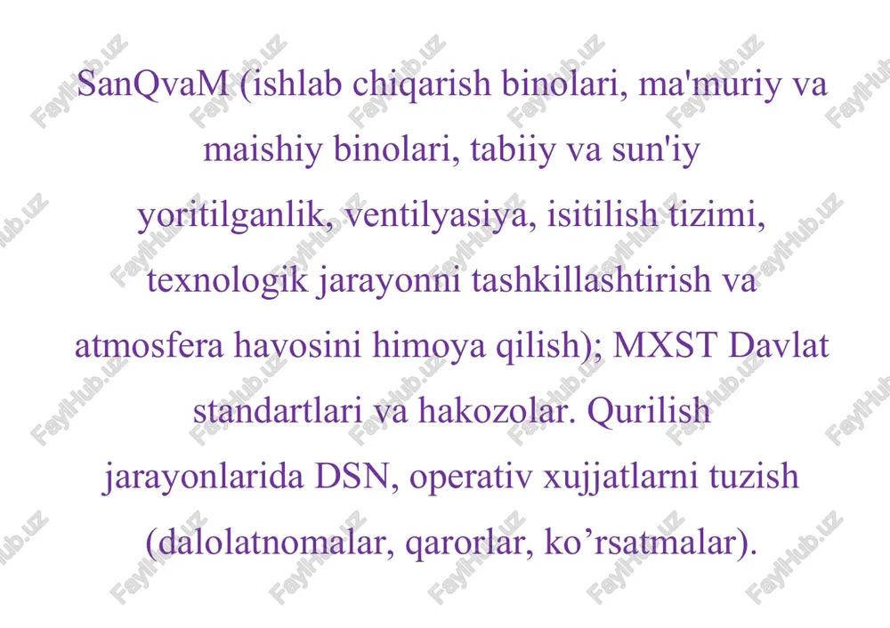 udida ishlaganda). zararli va xavfli ishlab chiqarish omillarni miqdorini aniqlash va baho berish. ishlovchilar organizmida zararli ta'sirlarni oldini olishga qaratilgan chora-tadbirlarni ishlab chiqarish. sanitar-texnik choralarni samarasini kuzatish (ventilyasiya, kondiotsionerlar, tabiiy va su'niy yoritilganlik). maishiy xonalarni yetarliligi va sanitariya holati, ayollar mehnat gigiyenasi ustidan nazorat, nafaqa yeshdagi ishchilar va nogironlar ularni kasblarni o’rganish mehnatni taqiqlovchi holatlarni o’rganish. joriy sanitariya nazoratni hisobga olishda ro’yxatga olish hisobot va operativ xujjatlar tuzish. ishlab chiqarish va turini hisobga olgan holda mehnat sharoitlarini kompleks sog’lomlashtirish chora tadbirlarini ishlab chiqish. ishlovchilar salomatligi axoli salomatligini muhofazalash. salomatlikning ifodasi, kursatkichlari, soglikka ta'sir etuvchi omillari. jismoniy rivojlanish, uning belgilari. kasallanishni o’rganish usullari, axborot manbai. kasallanish ko’rsatkichlari. ishlovchilarni tumandagi ayrim korxonalarda viy bo’yicha kasallanishni taxlil qilish. asosiy ko’rsatkichlari. ish qobiliyatini hodisa va kunlar bo’yicha soni, kasallanish struktarasi (chorak va yil bo’yicha) oldingi yillar bilan solishtirish. ishlab chiqarish ob'ektda zararli va xavfli omillarni ko’rsatkichlariga baho berish va ularni ishlovchilar o’rtasida kasallanishni sabab …