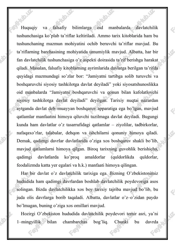 boy tarixiy tajriba mavjud bo’lib, bu juda olis davrlarga borib taqaladi. albatta, davlatlar o’z–o’zidan paydo bo’lmagan, buning o’ziga xos omillari mavjud. hozirgi o’zbekiston hududida davlatchilik poydevori temir asri, ya’ni 1–mingyillik bilan chambarchas bog’liq. chunki bu davrda hunarmandchilik yanada rivojlandi, dehqonchilik gurkirab o’sdi. temirdan yasalgan mehnat qurollarining keng tarqalishi mehnat unumdorligini oshirdi. bu davr temirchi kasbining paydo bo’lishi va temirchilikning ixtisoslashuvi bilan xarakterlanadi. bu hol ishlab chiqarishning yanada ilg’or usullariga o’tish va ikkinchi mehnat taqsimotining paydo bo’lishi uchun sharoit yaratdi. ikkinchi ijtimoiy mehnat taqsimoti bu – hunarmandchilikning alohida ajralib chiqishi va ixtisoslashuvi. urug’ jamoasi hududiy qo’shnichilik jamoasiga aylana bordi. yangi yerlar va suv manbalari uchun qabilalar o’rtasida doimo kelishmovchiliklar bo’lib turgan. qabila chegaralarini qo’riqlash, yangi yerlarni o’zlashtirish va boshqa qabilalar ustiga yurish qilish maqsadida qabilaviy harbiy ittifoqlar tashkil topa boshlagan. bunday ittifoqlar tepasida urug’, qabila boshliqlari turganlar. ular o’z obro’si va ta’siri bilan mashhur kishilardan saylangan. mil.av. 1–mingyillik boshlarida markaziy osiyo …