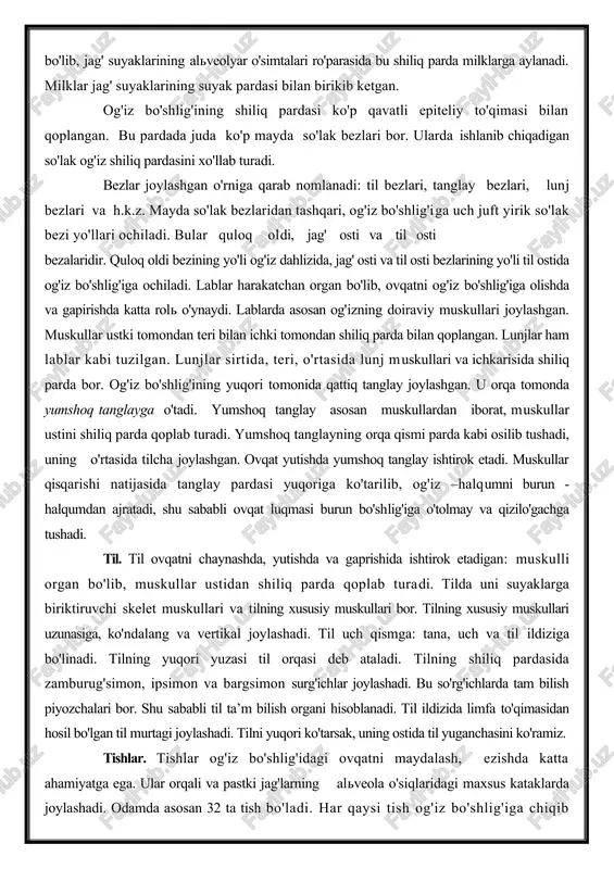 ni himoya qilish vazifasini bajaradi. jag' suyaklari, milklar va tishlar og'iz bo'shlig'ini ikki qismga: og'iz bo'shlig'i dahlizi va asl og'iz bo'shlig'iga ajratib turadi. og'iz dahlizi va asl og'iz bo'shlig'i ichki tomondan shiliq parda bilan qoplangan bo'lib, jag' suyaklarining alveolyar o'simtalari ro'parasida bu shiliq parda milklarga aylanadi. milklar jag' suyaklarining suyak pardasi bilan birikib ketgan. og'iz bo'shlig'ining shiliq pardasi ko'p qavatli epiteliy to'qimasi bilan qoplangan. bu pardada juda ko'p mayda so'lak bezlari bor. ularda ishlanib chiqadigan so'lak og'iz shiliq pardasini xo'llab turadi. bezlar joylashgan o'rniga qarab nomlanadi: til bezlari, tanglay bezlari, lunj bezlari va h.k.z. mayda so'lak bezlaridan tashqari, og'iz bo'shlig'iga uch juft yirik so'lak bezi yo'llari ochiladi. bular quloq oldi, jag' osti va til osti bezalaridir. quloq oldi bezining yo'li og'iz dahlizida, jag' osti va til osti bezlarining yo'li til ostida og'iz bo'shlig'iga ochiladi. lablar harakatchan organ bo'lib, ovqatni og'iz bo'shlig'iga olishda va gapirishda katta rol o'ynaydi. lablarda asosan og'izning …
