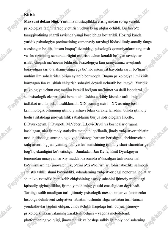 ‘tkazilgan turli nonormal ko‘rinishlarning (jinoyatchilik, o‘zini o‘zi o‘ldirishlar, fohishabozlik) salmoqli statistik tahlili shuni ko‘rsatdiki, odamlarning xulq-atvoridagi nonormal holatlar shuni ko‘rsatadiki,buni kelib chiqishining asosiy sababini ijtimoiy muhitdagi iqtisodiy qiyinchiliklar, ijtimoiy muhitning yaxshi emasligidan deyishadi. tartibga solib turadigan turli ijtimoiy-psixologik mexanizmlar va fenomenlar hisobiga delinkvent xulq-atvor tabiatini tushuntirishga nisbatan turli-tuman yondashuvlar taqdim etilgan. jinoyatchilik haqidagi turli burjua ijtimoiy-psixologik nazariyalarning xarakterli belgisi – yagona metodologik platformaning yo‘qligi, jinoyatchilik va boshqa salbiy ijtimoiy hodisalarning ijtimoiy-iqtisodiy determinizatsiyalashuvini hisobga olmaslikdan iboratdir. jinoyatlarning ijtimoiy – psixologik teoriyasi haqidagi faktlarni amerikalik ijtimoiy-psixologiya yo‘nalishi vakillari – r.mertona, j. starlenda, d. matsa, t.sayksa, e. glyuka va boshqalar taxlil etib berishgan. zamonaviy kriminologik bilimning ajralib turadigan o‘ziga xos xususiyati – bu chekinuvchan xulq-atvor sabablari va omillarini ko‘rib chiqish va o‘rganishga nisbatan bir tizimli yondashuv, muammoning ayni bir vaqtda fanning turli tarmoqlari vakillari: yuristlar, sotsiologlar, psixologlar, mediklar tomonidan ishlab chiqilishidir. bu o‘z navbatida jinoyatlarning oldini olish amaliyotiga nisbatan kompleks yondashish imqonini beradi. …