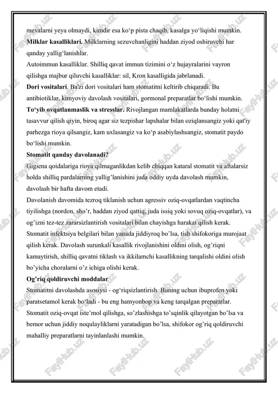 holda shilliq pardalarning yallig’lanishini juda oddiy uyda davolash mumkin, davolash bir hafta davom etadi. davolanish davomida tezroq tiklanish uchun agressiv oziq-ovqatlardan vaqtincha tiyilishga (nordon, sho’r, haddan ziyod qattiq, juda issiq yoki sovuq oziq-ovqatlar), va og’izni tez-tez zararsizlantirish vositalari bilan chayishga harakat qilish kerak. stomatit infektsiya belgilari bilan yanada jiddiyroq bo’lsa, tish shifokoriga murojaat qilish kerak. davolash surunkali kasallik rivojlanishini oldini olish, og’riqni kamaytirish, shilliq qavatni tiklash va ikkilamchi kasallikning tarqalishi oldini olish bo’yicha choralarni o’z ichiga olishi kerak. og’riq qoldiruvchi moddalar stomatitni davolashda asosiysi - og‘riqsizlantirish. buning uchun ibuprofen yoki paratsetamol kerak bo‘ladi - bu eng hamyonbop va keng tarqalgan preparatlar. stomatit oziq-ovqat iste’mol qilishga, so’zlashishga to’sqinlik qilayotgan bo’lsa va bemor uchun jiddiy noqulayliklarni yaratadigan bo’lsa, shifokor og’riq qoldiruvchi mahalliy preparatlarni tayinlanlashi mumkin. og'iz bo'shlig'i yallig'langan, nima qilish kerak. og'iz bo'shlig'ining yallig'lanishi: sabablari, belgilari va davolash yallig'lanish kasalliklari og'iz bo'shlig'i eng ko'p biridir umumiy sabablar, unga ko'ra bemorlar mahalliy otorinolaringologlar, …