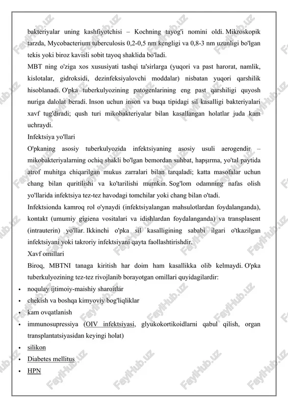 akteriyalar uning kashfiyotchisi – kochning tayog'i nomini oldi. mikroskopik tarzda, mycobacterium tuberculosis 0,2-0,5 nm kengligi va 0,8-3 nm uzunligi bo'lgan tekis yoki biroz kavisli sobit tayoq shaklida bo'ladi. mbt ning o'ziga xos xususiyati tashqi ta'sirlarga (yuqori va past harorat, namlik, kislotalar, gidroksidi, dezinfeksiyalovchi moddalar) nisbatan yuqori qarshilik hisoblanadi. o'pka tuberkulyozining patogenlarining eng past qarshiligi quyosh nuriga dalolat beradi. inson uchun inson va buqa tipidagi sil kasalligi bakteriyalari xavf tug'diradi; qush turi mikobakteriyalar bilan kasallangan holatlar juda kam uchraydi. infektsiya yo'llari o'pkaning asosiy tuberkulyozida infektsiyaning asosiy usuli aerogendir – mikobakteriyalarning ochiq shakli bo'lgan bemordan suhbat, hapşırma, yo'tal paytida atrof muhitga chiqarilgan mukus zarralari bilan tarqaladi; katta masofalar uchun chang bilan quritilishi va ko'tarilishi mumkin. sog'lom odamning nafas olish yo'llarida infektsiya tez-tez havodagi tomchilar yoki chang bilan o'tadi. infektsionda kamroq rol o'ynaydi (infektsiyalangan mahsulotlardan foydalanganda), kontakt (umumiy gigiena vositalari va idishlardan foydalanganda) va transplasent (intrauterin) yo'llar. ikkinchi o'pka sil kasalligining sababi ilgari …