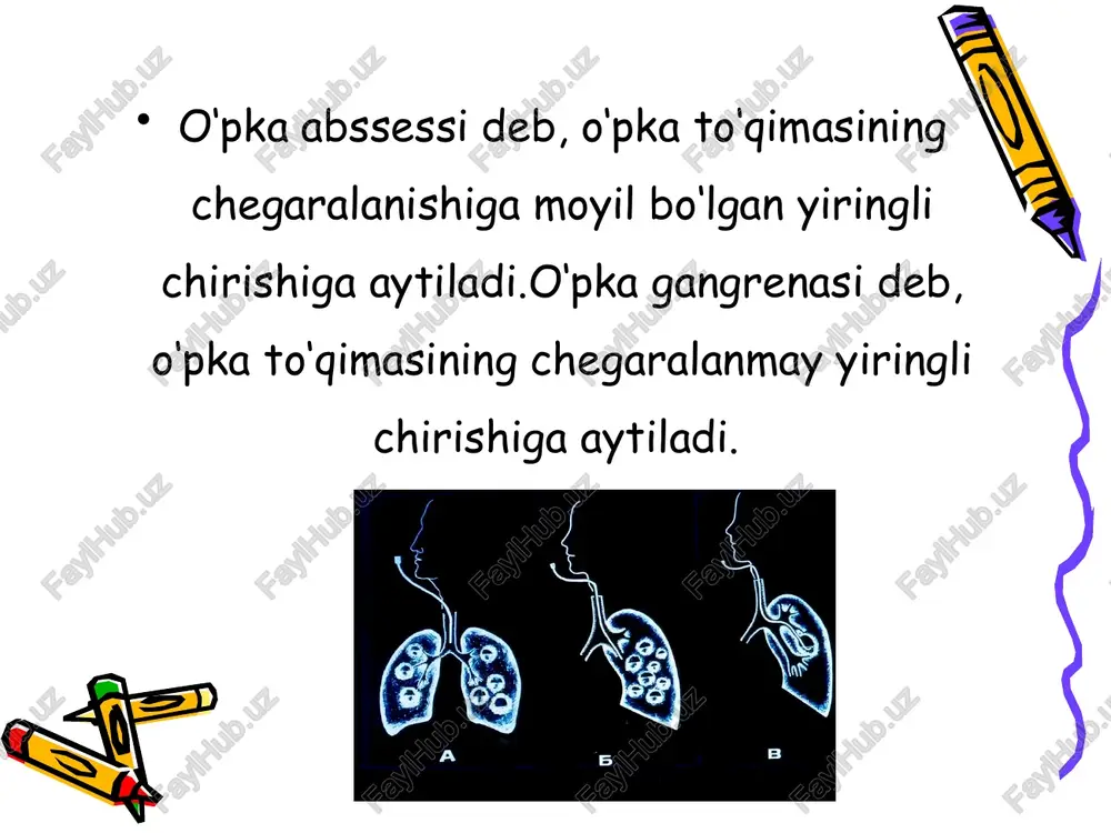 yonboshda og‘riq paydo bo‘lishi kabi belgilardan noliydi, tez-tez yuza nafas oladi. kasal tomoni nafasdan orqada qoladi. perkussiyada shikastlangan soha ustida og‘riq aniqlanadi, bu sohadagi qovurg‘alar orasini stetoskop bilan bosil- ganda yo‘tal refleksi kuchayadi. bu plevraning yallig‘lanish jarayoniga tortilishining ilk belgisidir. puls tezlashgan — minutiga 120 tagacha, yurak tonlari bo‘g‘iqroq, auskultatsiyada qattiq, ba’zan bronxial nafas, quruq va nam xirillashlar eshitiladi. rentgenologik yo‘l bilan tekshirib ko‘rilganda, infiltratsiyasi bor joy qorayib turadi. ikkinchi davr yiringli bronxlar bo‘shlig‘iga yorilishidan bosh­lanadi. bemorlardan bir talay (1 l.gacha va bundan ko‘proq) yiringli yoki chink balg‘am chiqadi. abssessda balg‘am yashil rangli, hidsiz bo‘ladi. gangrenada esa balg‘am shokolad tusida va qo‘lansa hidli bo‘ladi. sutka ichida ajralib chiqadigan balg‘am miqdori ortishi bilan bemorlarning umumiy ahvoli sezilarli darajada yaxshilanib boradi, tana harorati esa pasayadi, intoksikatsiya holatlari asta- sekin pasayib, ishtaha asl holiga keladi, qonda leykotsitlar soni kamayadi va echt sekinlashadi ayrim hollarda kuchli yo‘talda o‘pka ichidagi bosim anchagina oshishi natijasida abssess …
