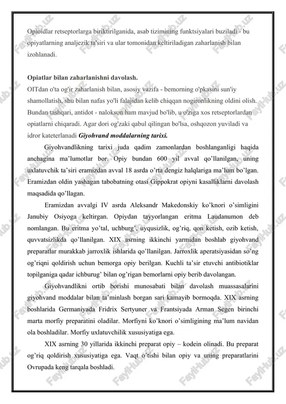 r bor. opiy bundan 600 yil avval qo’llanilgan, uning uxlatuvchik ta’siri eramizdan avval 18 asrda o’rta dengiz halqlariga ma’lum bo’lgan. eramizdan oldin yashagan tabobatning otasi gippokrat opiyni kasalliklarni davolash maqsadida qo’llagan. eramizdan avvalgi iv asrda aleksandr makedonskiy ko’knori o’simligini janubiy osiyoga keltirgan. opiydan tayyorlangan eritma laudanumon deb nomlangan. bu eritma yo’tal, uchburg’, uyqusizlik, og’riq, qon ketish, ozib ketish, quvvatsizlikda qo’llanilgan. xix asrning ikkinchi yarmidan boshlab giyohvand preparatlar murakkab jarroxlik ishlarida qo’llanilgan. jarroxlik aperatsiyasidan so’ng og’riqni qoldirish uchun bemorga opiy berilgan. kuchli ta’sir etuvchi antibiotiklar topilganiga qadar ichburug’ bilan og’rigan bemorlarni opiy berib davolangan. giyohvandlikni ortib borishi munosabati bilan davolash muassasalarini giyohvand moddalar bilan ta’minlash borgan sari kamayib bormoqda. xix asrning boshlarida germaniyada fridrix sertyuner va frantsiyada arman segen birinchi marta morfiy preparatini oladilar. morfiyni ko’knori o’simligining ma’lum navidan ola boshladilar. morfiy uxlatuvchilik xususiyatiga ega. xix asrning 30 yillarida ikkinchi preparat opiy – kodein olinadi. bu preparat og’riq qoldirish xususiyatiga ega. …