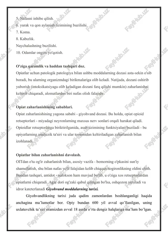 ar bor. opiy bundan 600 yil avval qo’llanilgan, uning uxlatuvchik ta’siri eramizdan avval 18 asrda o’rta dengiz halqlariga ma’lum bo’lgan. eramizdan oldin yashagan tabobatning otasi gippokrat opiyni kasalliklarni davolash maqsadida qo’llagan. eramizdan avvalgi iv asrda aleksandr makedonskiy ko’knori o’simligini janubiy osiyoga keltirgan. opiydan tayyorlangan eritma laudanumon deb nomlangan. bu eritma yo’tal, uchburg’, uyqusizlik, og’riq, qon ketish, ozib ketish, quvvatsizlikda qo’llanilgan. xix asrning ikkinchi yarmidan boshlab giyohvand preparatlar murakkab jarroxlik ishlarida qo’llanilgan. jarroxlik aperatsiyasidan so’ng og’riqni qoldirish uchun bemorga opiy berilgan. kuchli ta’sir etuvchi antibiotiklar topilganiga qadar ichburug’ bilan og’rigan bemorlarni opiy berib davolangan. giyohvandlikni ortib borishi munosabati bilan davolash muassasalarini giyohvand moddalar bilan ta’minlash borgan sari kamayib bormoqda. xix asrning boshlarida germaniyada fridrix sertyuner va frantsiyada arman segen birinchi marta morfiy preparatini oladilar. morfiyni ko’knori o’simligining ma’lum navidan ola boshladilar. morfiy uxlatuvchilik xususiyatiga ega. xix asrning 30 yillarida ikkinchi preparat opiy – kodein olinadi. bu preparat og’riq qoldirish xususiyatiga ega. …