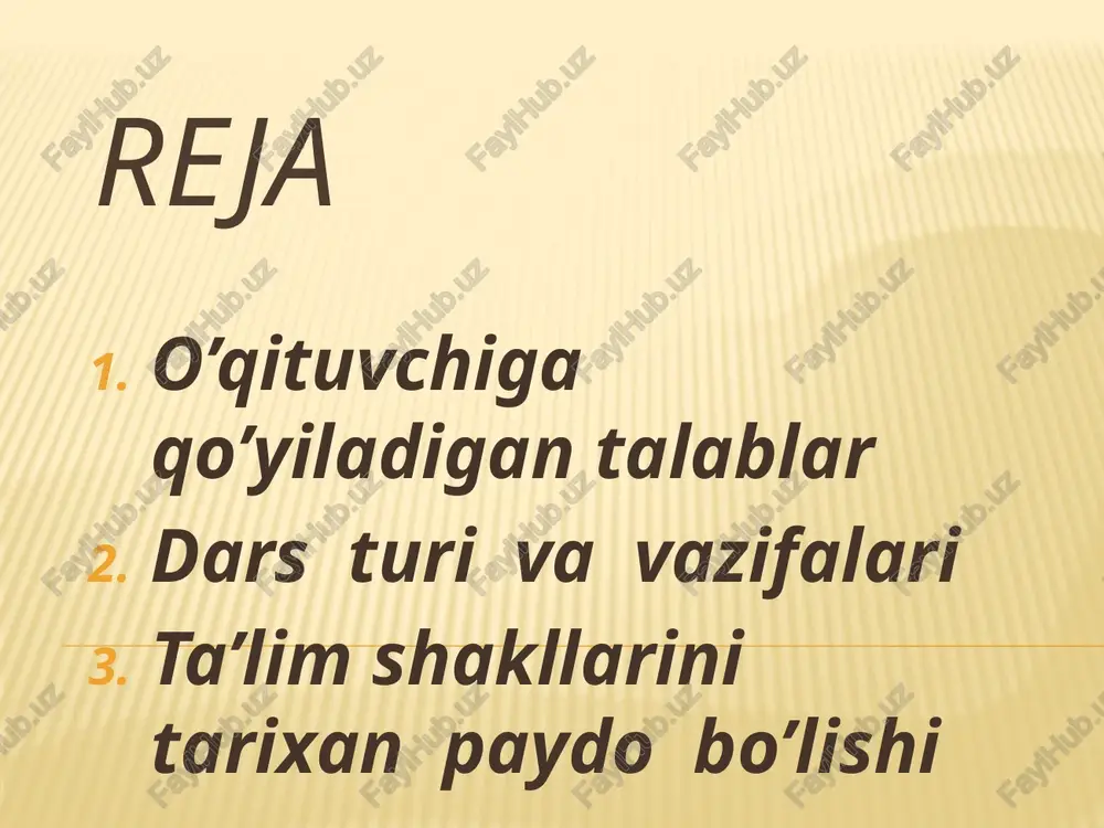 talabaning xotirasi,bilimni egallash qobiliyatini bilishi xalqimiz tarixiga nazar tashlar ekanmiz, maktab va madrasalarda yoshlarga bilim berish bilan shug`ullanganligi "avesto" va boshqa tarixiy manbalardan ma’lum. ammo qadim davrlardan ta’limni qat’iy chegaralangan vaqtda bir xil yoshdagi bolalar bilan olib borish, ta’lim mazmunini bosqichma - bosqich berish masalalariga aniqlik kiritilmagan edi. forobiyning "fan va aql zakovat" asarida o’quv fanlarini guruhlarga bo’lib o’qitish, ularning tarbiyaviy mohiyatini ochish masalalariga e’tibor berilgan. sinf-dars tizimini didaktik talablar asosida yaratishda buyuk chex pedagogi yan amos komenskiyning xizmatlari katta, uni sinf - dars tizimining asoschisi sifatida butun dunyo tan olgan. a.ya.komenskiy "buyuk didaktika" asarida o’quv mashg`ulotlarini guruh shaklida tashkil etish, o’quv yili va o’quv kunini bir vaqtda boshlash, mashg`ulotlar orasida tanaffuslar berilishi, guruhdagi bolalarning yoshi va soni bir xil bo’lishiga alohida e’tibor berdi. dars davomida o’quvchilar diqqatini to’plash, materialni batafsil tushuntirish, o’quvchiga savollar berish, o’zlashtirish jarayonini nazorat qilish zarurligini ta’kidlaydi dars turi va vazifalari dars - aniq maqsadni ko’zlab …