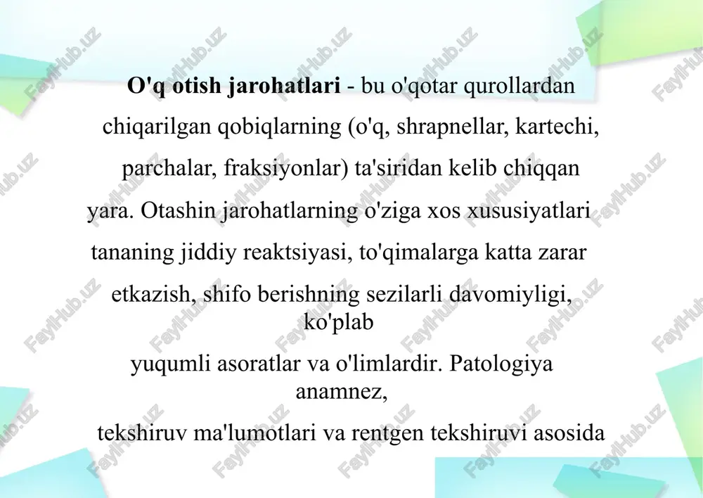 tib turadigan ba'zi xususiyatlar mavjud. yara kanali atrofida o'lik to'qimalar zonasi (asosiy nekroz) hosil bo'ladi. yara kanali notekis yo'nalish va uzunlikka ega. yaralanish natijasida katta diametrli chiqish teshigi paydo bo'ladi. yarada marmar yuqori tezligi tufayli u erda chizilgan begona zarralar mavjud. bir muncha vaqt o'tgach, o'lik to'qimalarning yangi joylari (ikkinchi darajali nekroz markazlari) otashin yara atrofida shakllanadi. to'g'ridan-to'g'ri zarba, ya'ni to'g'ridan-to'g'ri mato va yon ta'sir, ya'ni darhol bir chetga to'qimalari tashlab yuqori bosim zonasini hosil ta'sir to'lqin, ta'siri: marmar halokatli ta'siri ikki komponentlar tufayli bo'ladi. keyinchalik hosil bo'lgan bo'shliq keskin "qulab tushadi", salbiy salbiy va ijobiy har qanday bosim to'lqini paydo bo'ladi va to'qimalar bosimdagi katta farq tufayli yo'q qilinadi. otashin jarohatlarda shikastlanishning xususiyatlarini hisobga olgan holda, uchta zona ajratiladi: yara kanali yoki yara nuqsoni (to'g'ridan-to'g'ri ta'sir qilish zonasi), kontuziya maydoni (bu zonada asosiy nekroz hosil bo'ladi) va kommoz maydoni (bu zonada ikkinchi darajali nekroz hosil bo'ladi). yara nuqsoni haqiqiy …